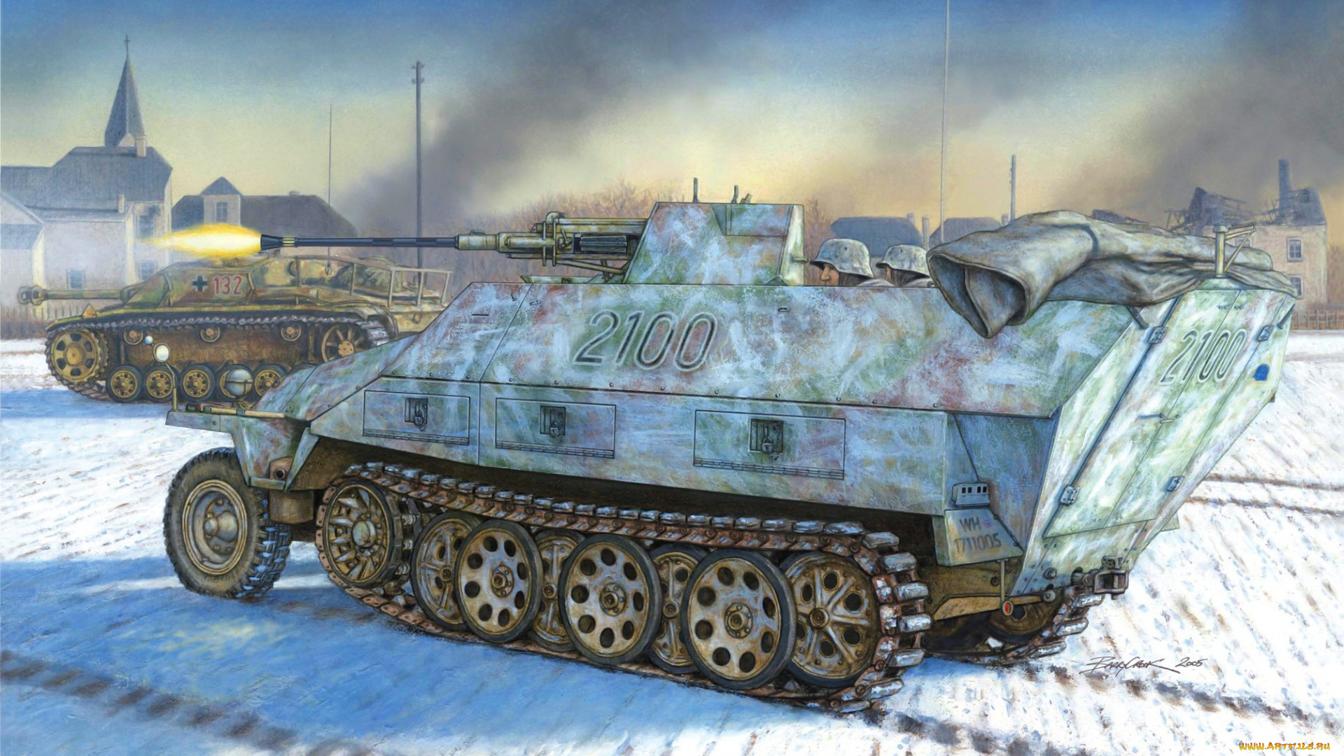 рисованные, армия, снег, танк