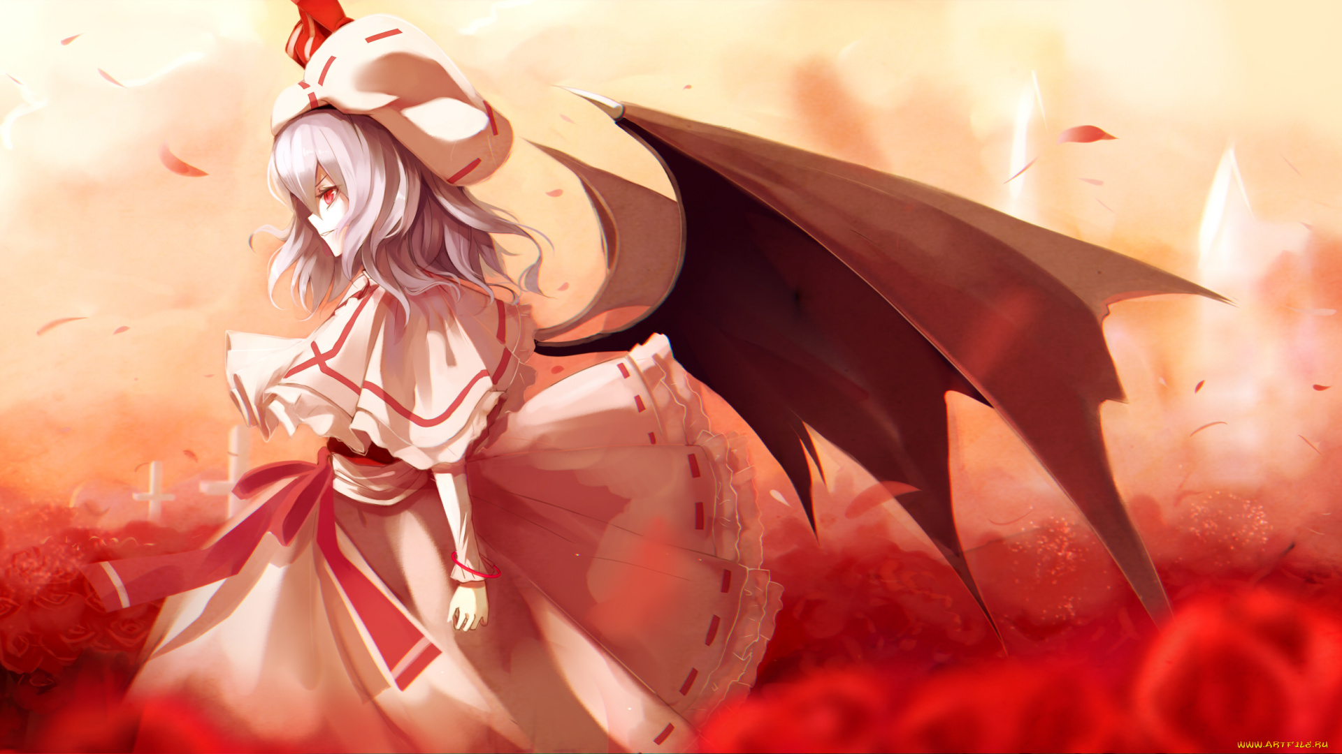 аниме, touhou, remilia, scarlet, fami, yellow, skies, крылья, девушка, арт, демон