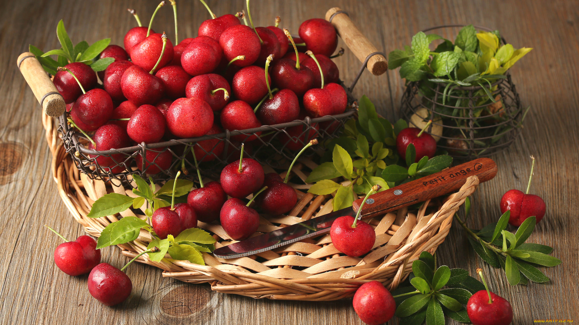 еда, вишня, , черешня, красные, мята, листья, ягоды, вишни, корзина
