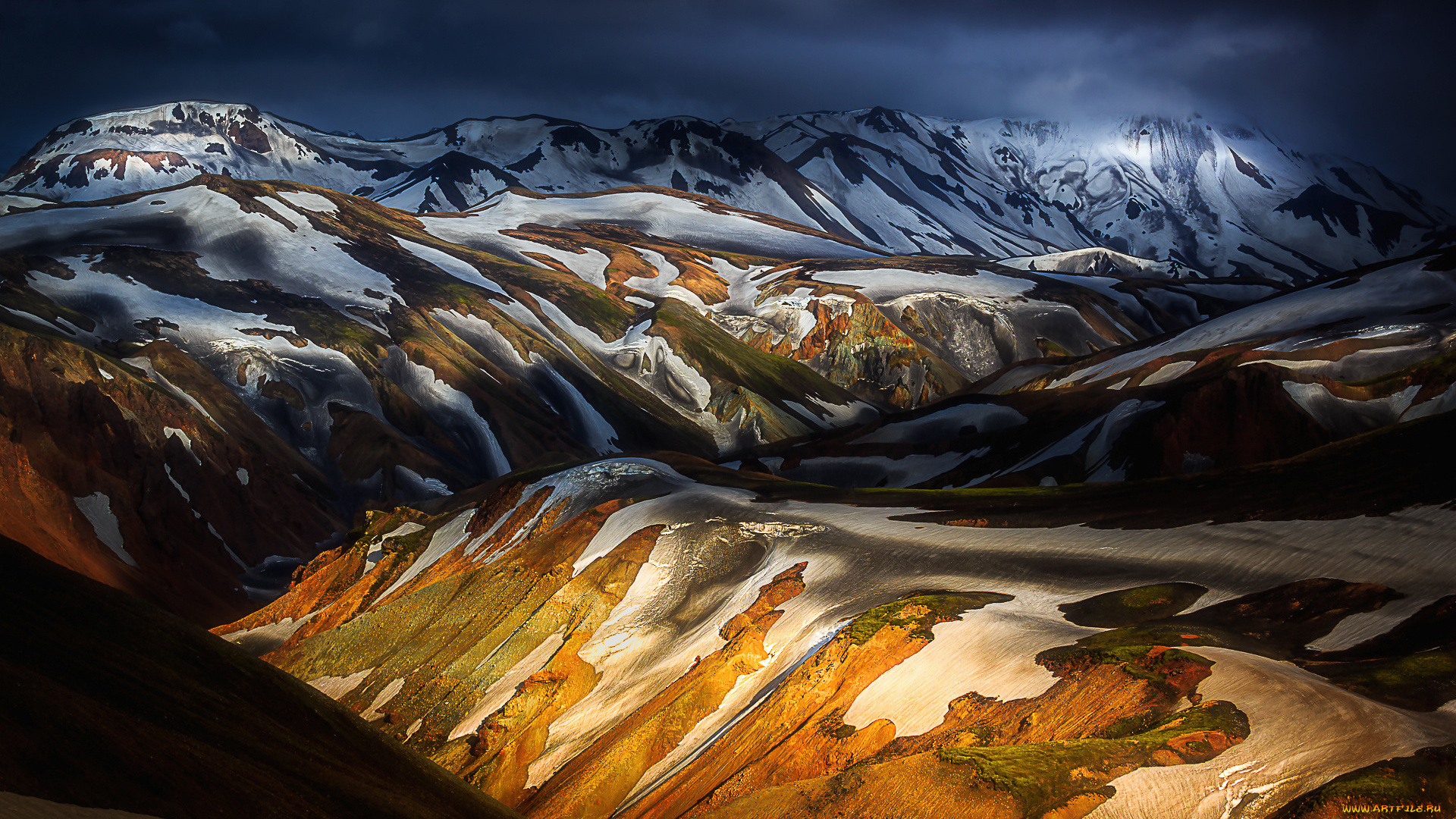 природа, горы, исландия, холмы, снег, тени, свет