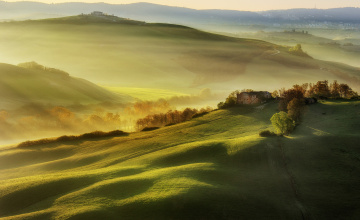Картинка природа луга италия тоскана утро поля свет дымка