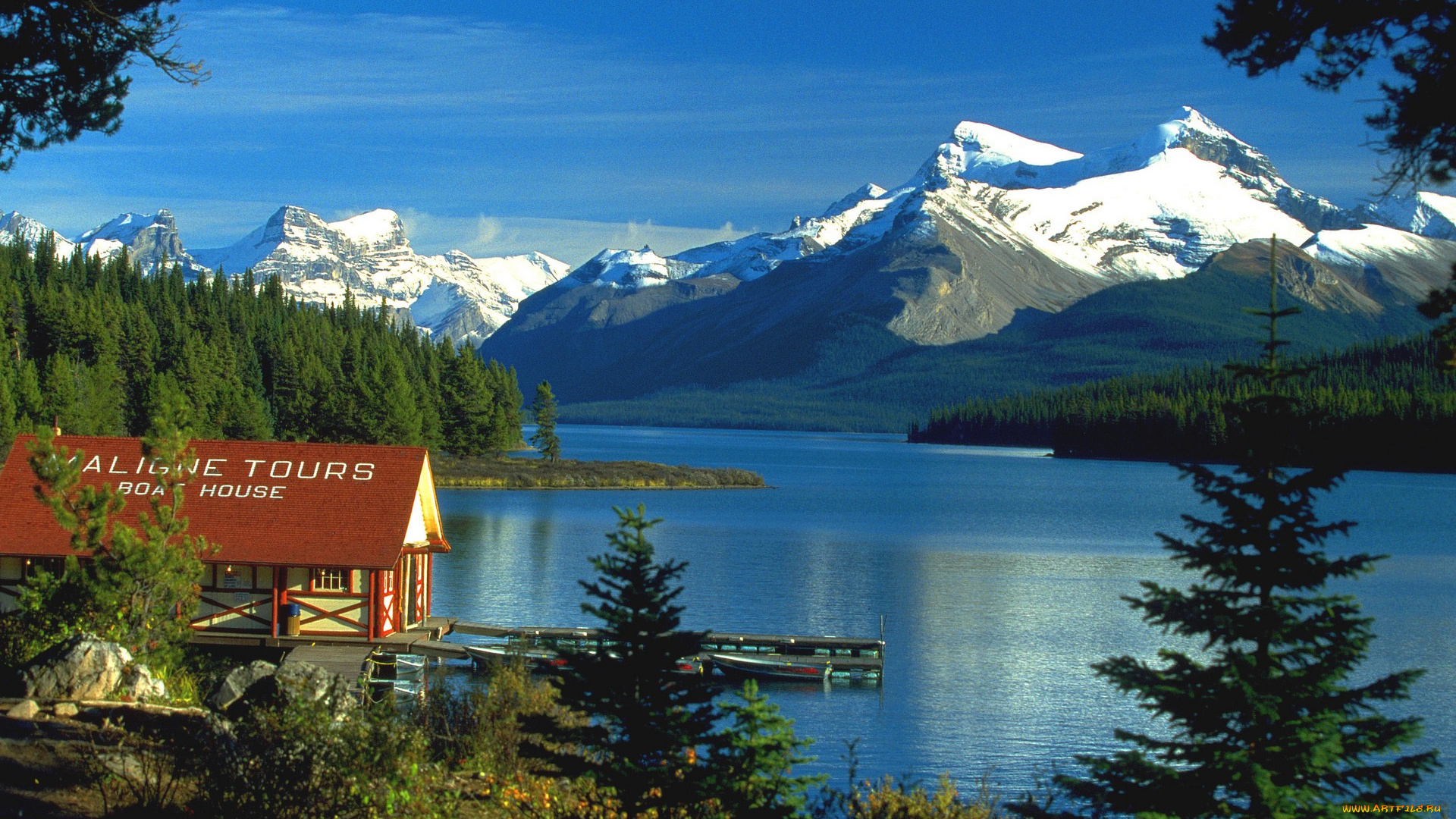 boat, house, am, maligne, lake, jasper, np, ca, природа, реки, озера