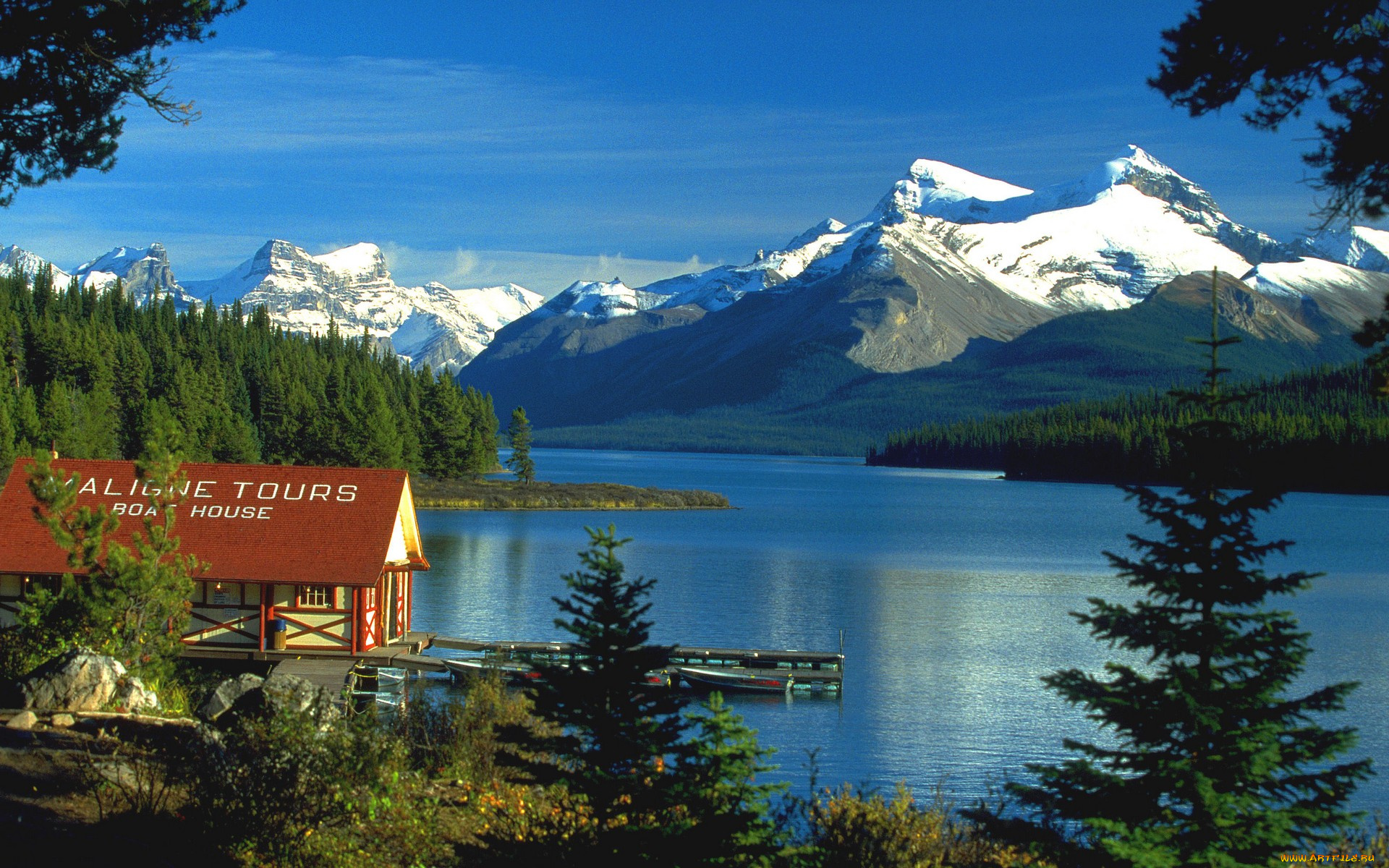 boat, house, am, maligne, lake, jasper, np, ca, природа, реки, озера