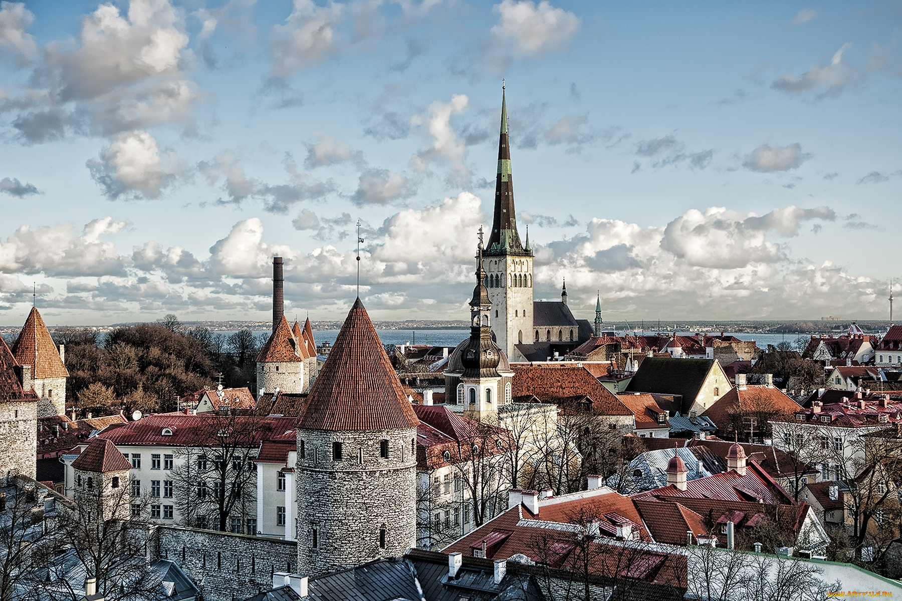 города, таллин, эстония, крыши, крепость, облака, панорама
