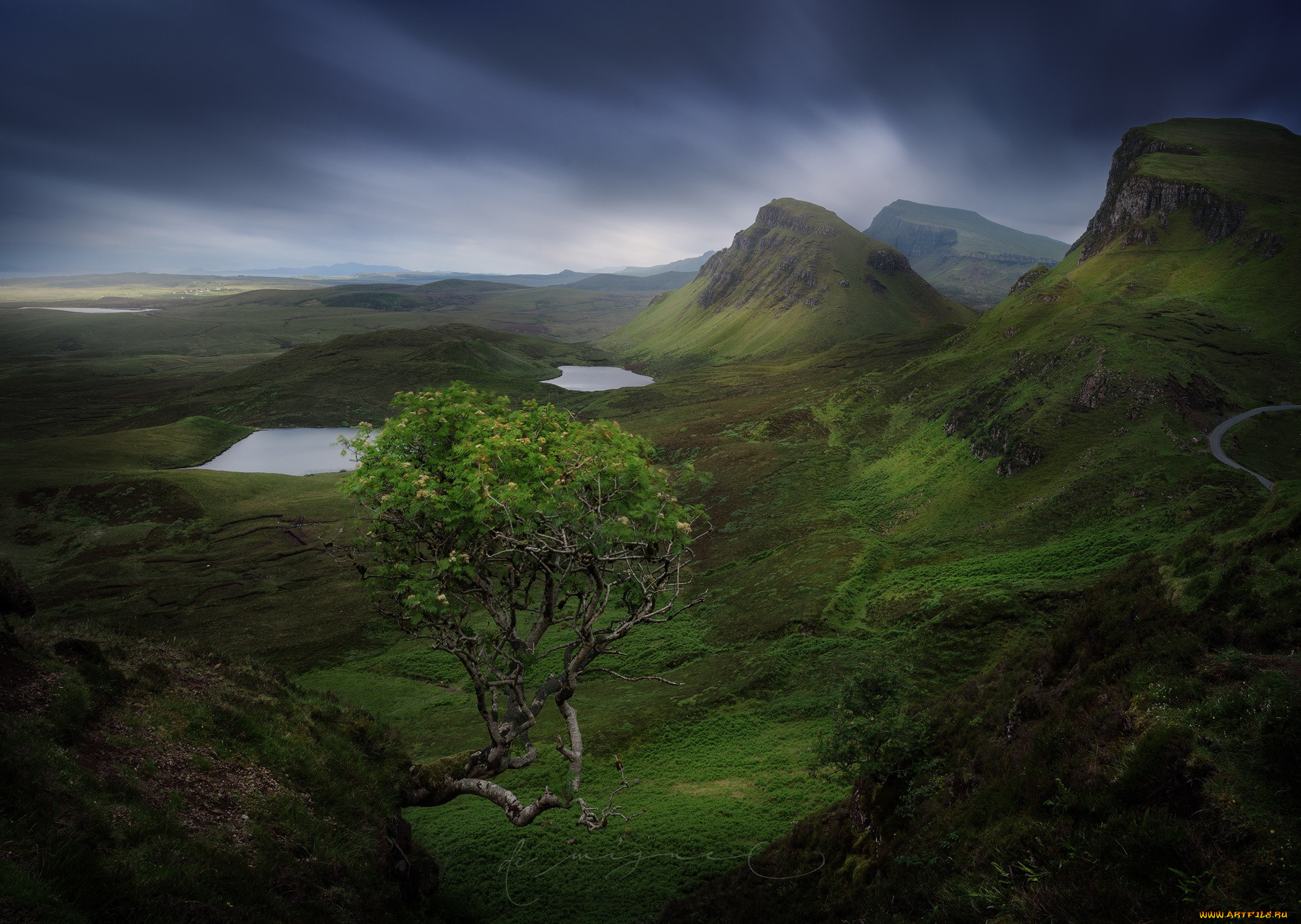 природа, горы, камни, шотландия, гора, скалы, дерево, остров, скай