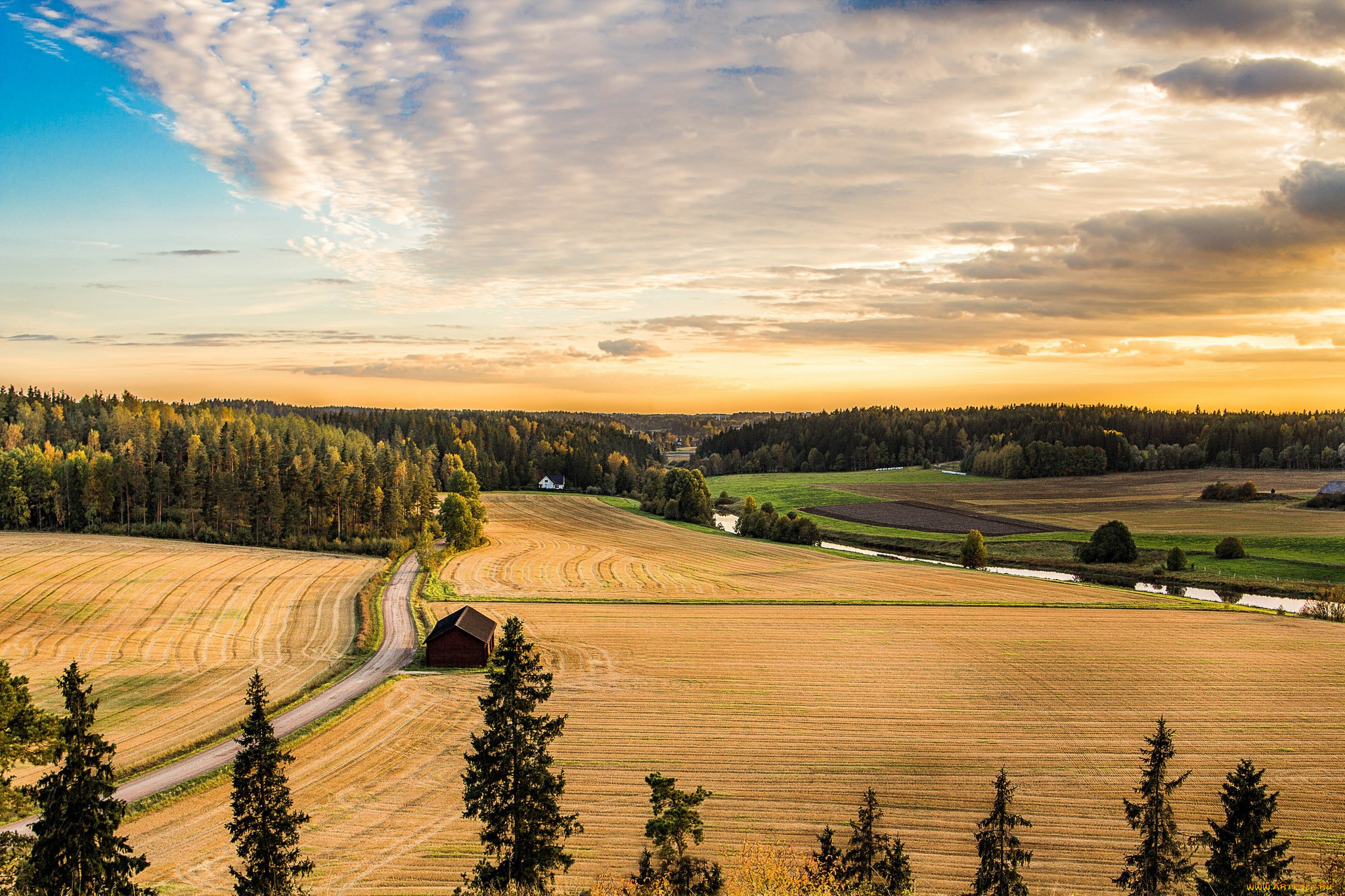 природа, поля, finland, loukinainen, vanhalinna, финляндия, дорога