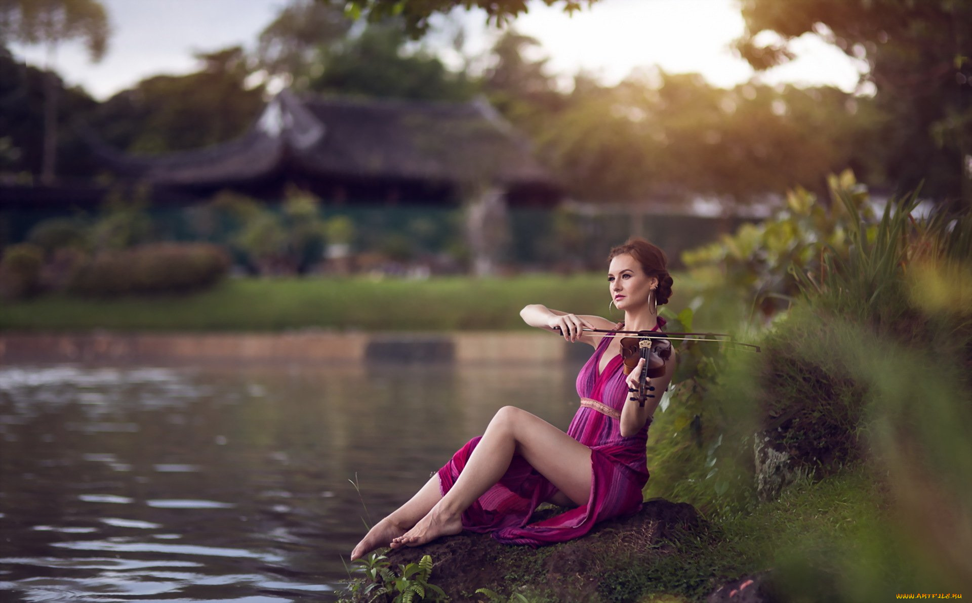 музыка, -другое, девушка, природа, водоем, взгляд, скрипка