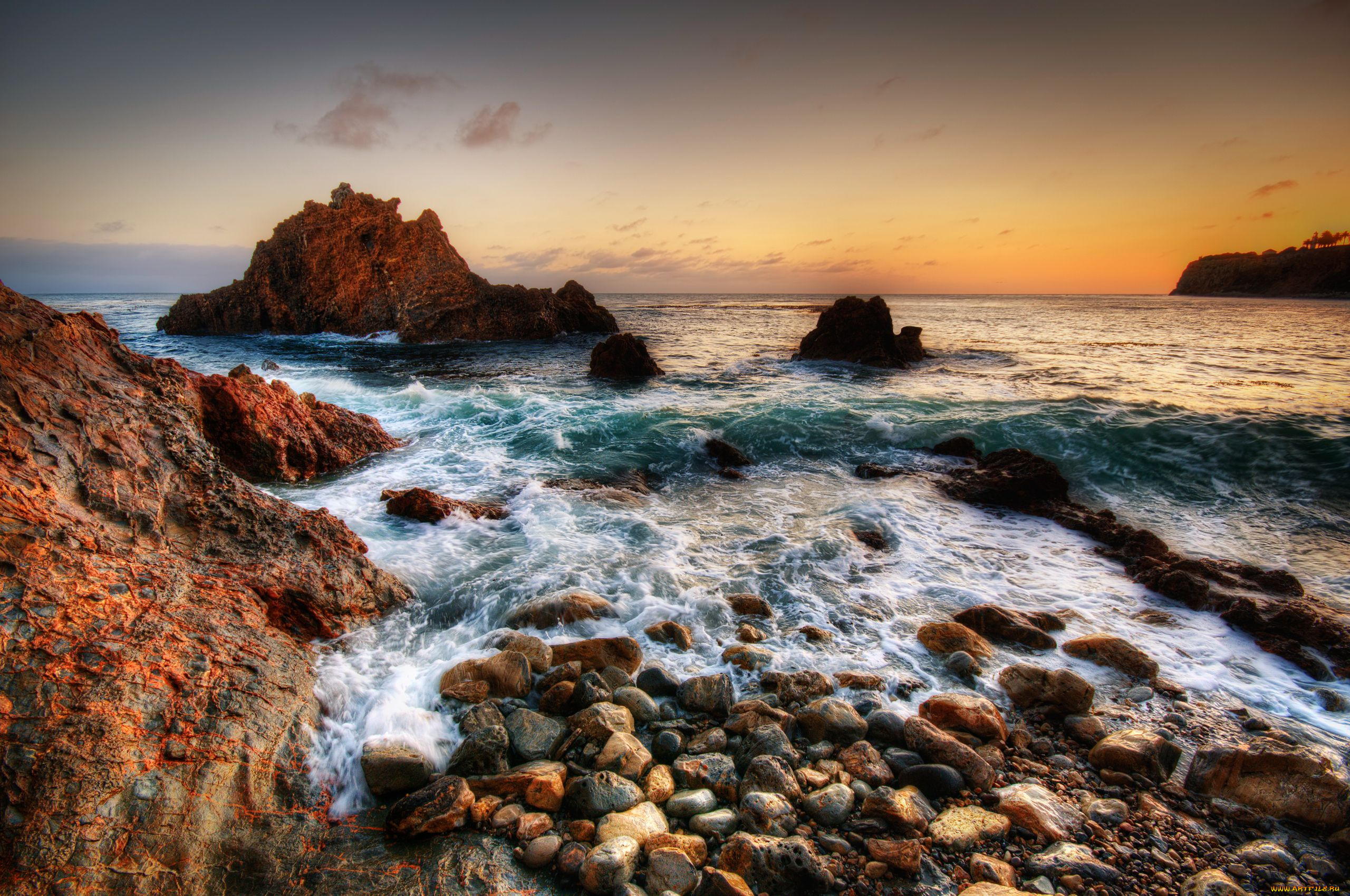 природа, побережье, море, камни, закат