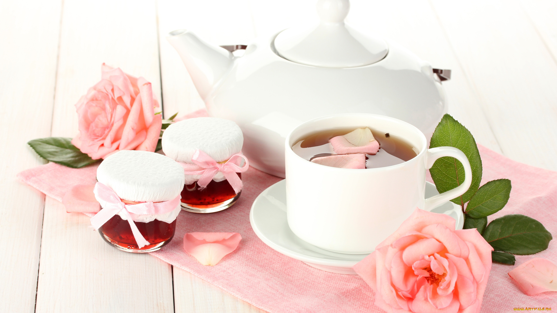 еда, напитки, Чай, баночки, чай, чашка, блюдце, чайник, белый, розовые, цветы, розы, варенье, джем, лепестки, листья