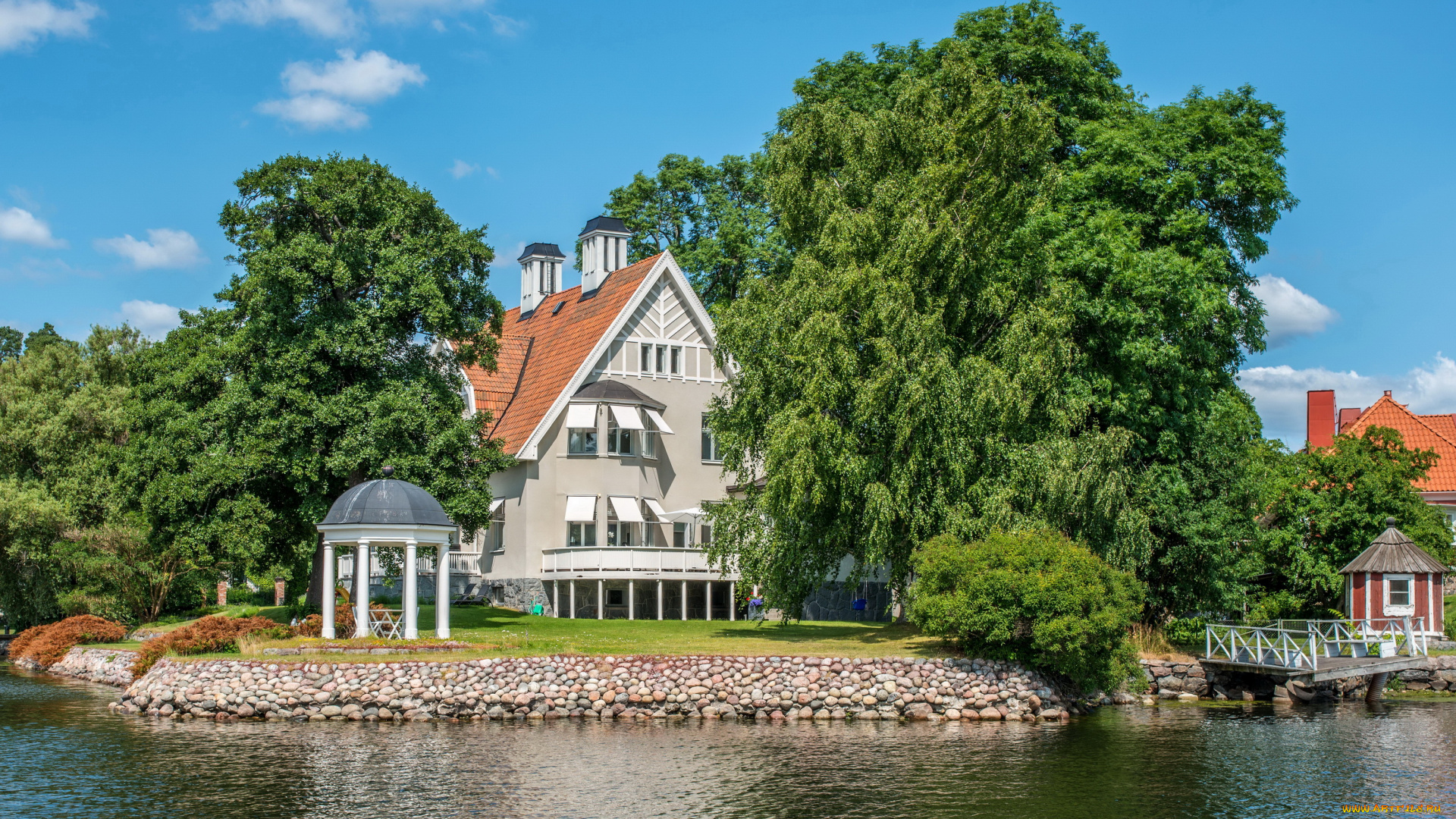 швеция, стокгольм, nacka, города, набережная, река, дома, деревья