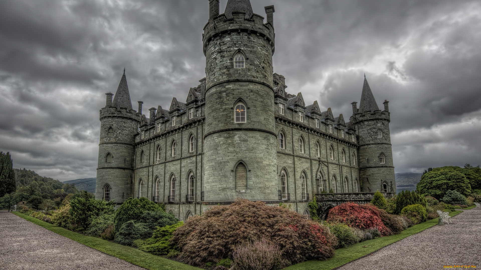 inveraray, castle, , scotland, города, -, дворцы, , замки, , крепости, кусты, шотландия, замок, инверари, scotland, inveraray, castle