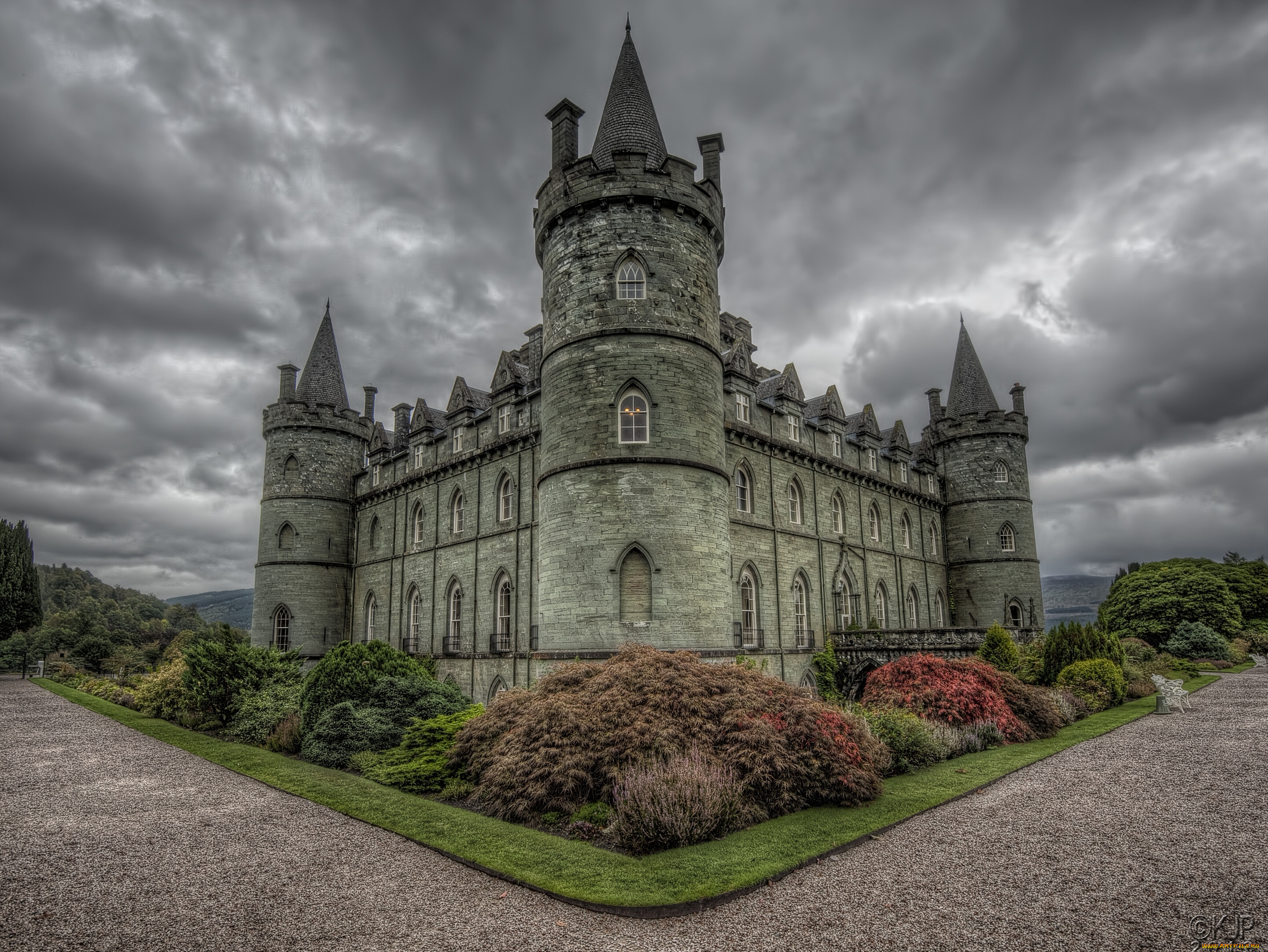 inveraray, castle, , scotland, города, -, дворцы, , замки, , крепости, кусты, шотландия, замок, инверари, scotland, inveraray, castle