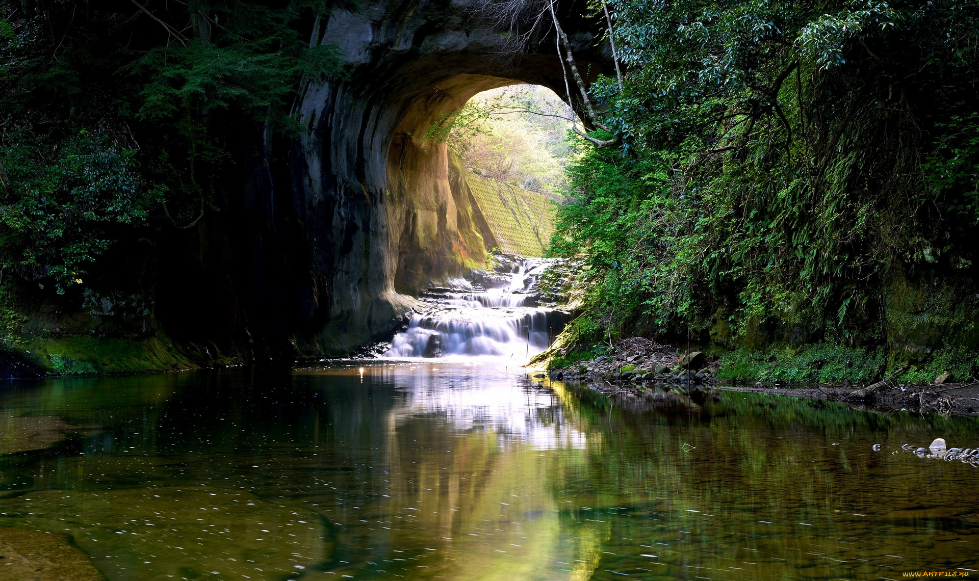 Япония, природа, водопады, водоем, пещера, растения