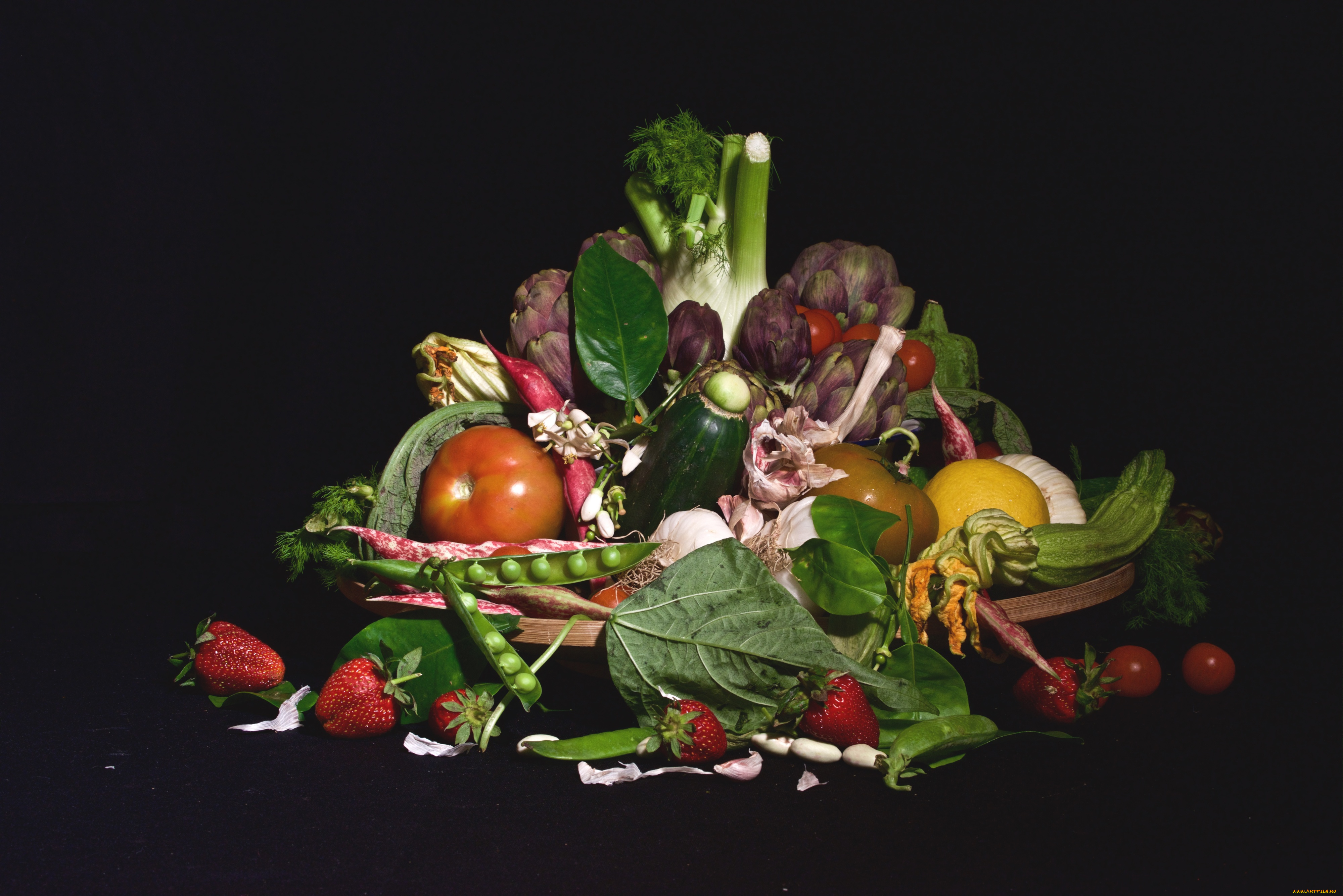 еда, фрукты, и, овощи, вместе, клубника, фенхель, чеснок, артишок, цукини, овощи, горох, помидоры