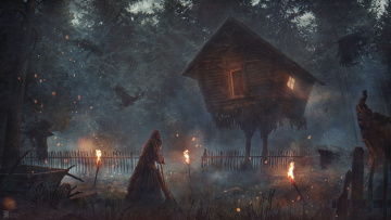 Картинка фэнтези маги +волшебники избушка баба яга вороны лес факелы