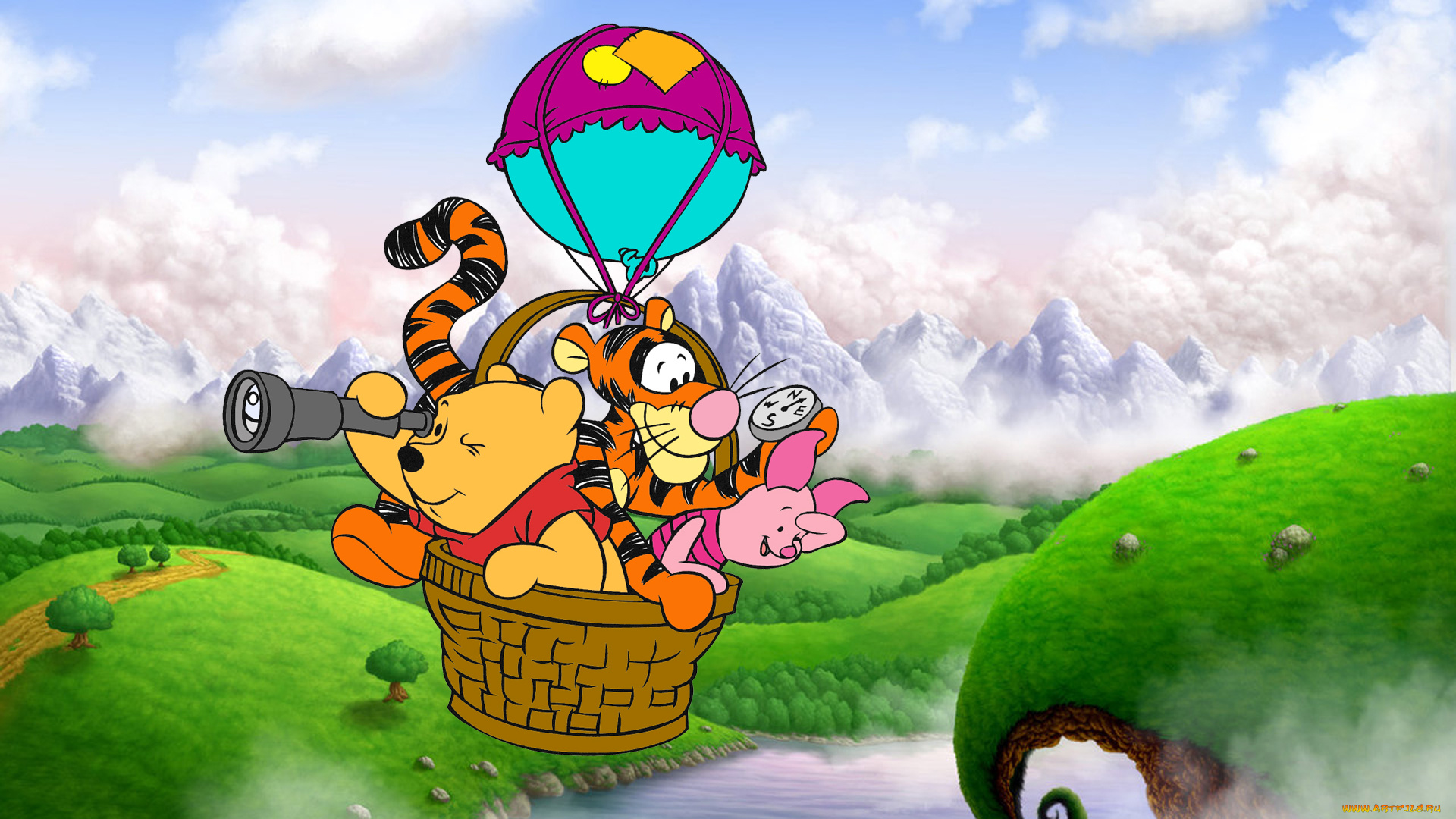 мультфильмы, winnie, the, pooh, винни-пух, тигра, пятачок, воздушный, шар, полет