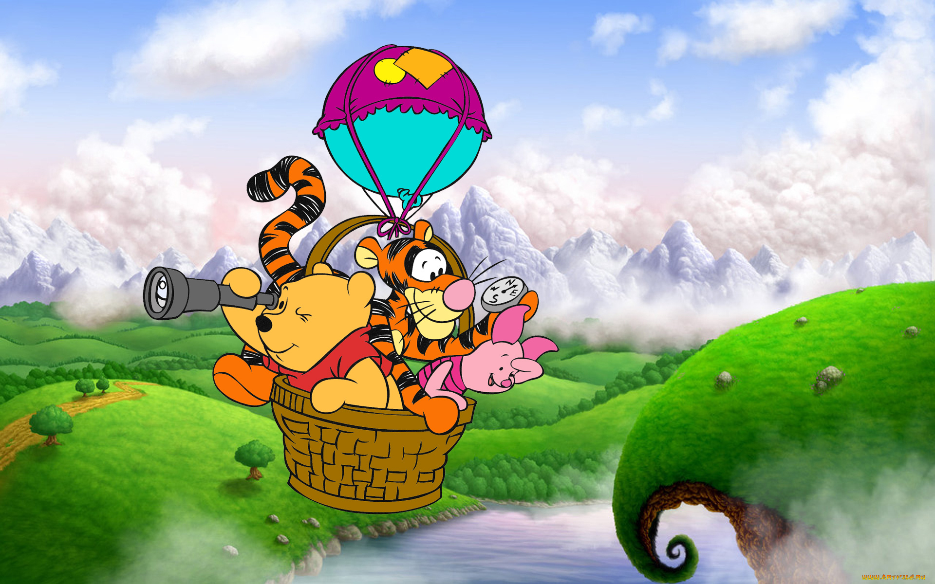 мультфильмы, winnie, the, pooh, винни-пух, тигра, пятачок, воздушный, шар, полет