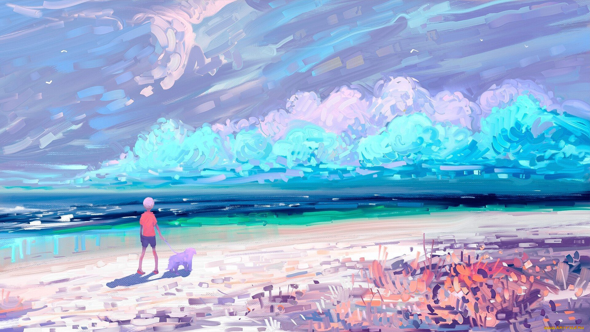 рисованное, люди, мальчик, собака, море, берег, облака