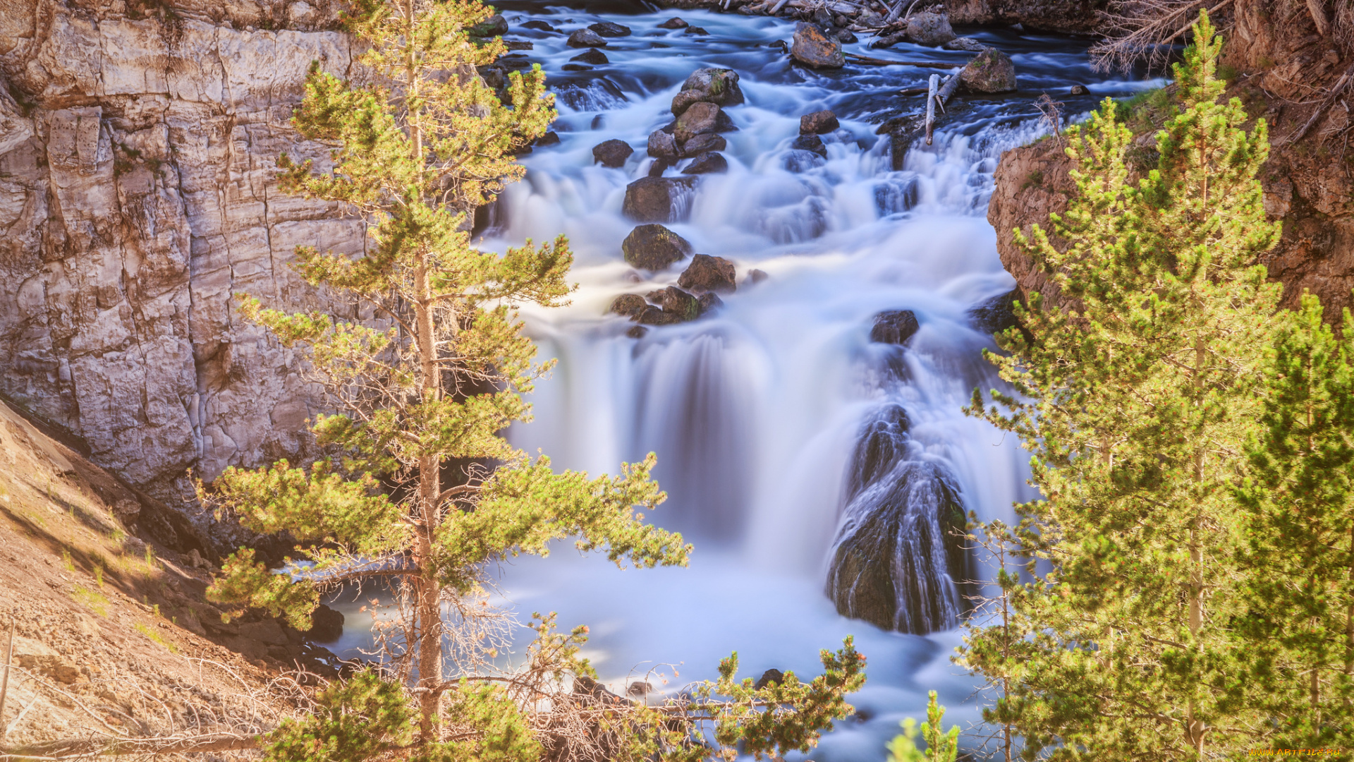 firehole, falls, yellowstone, national, park, wyoming, природа, водопады, йеллоустон, вайоминг, деревья, камни, скалы