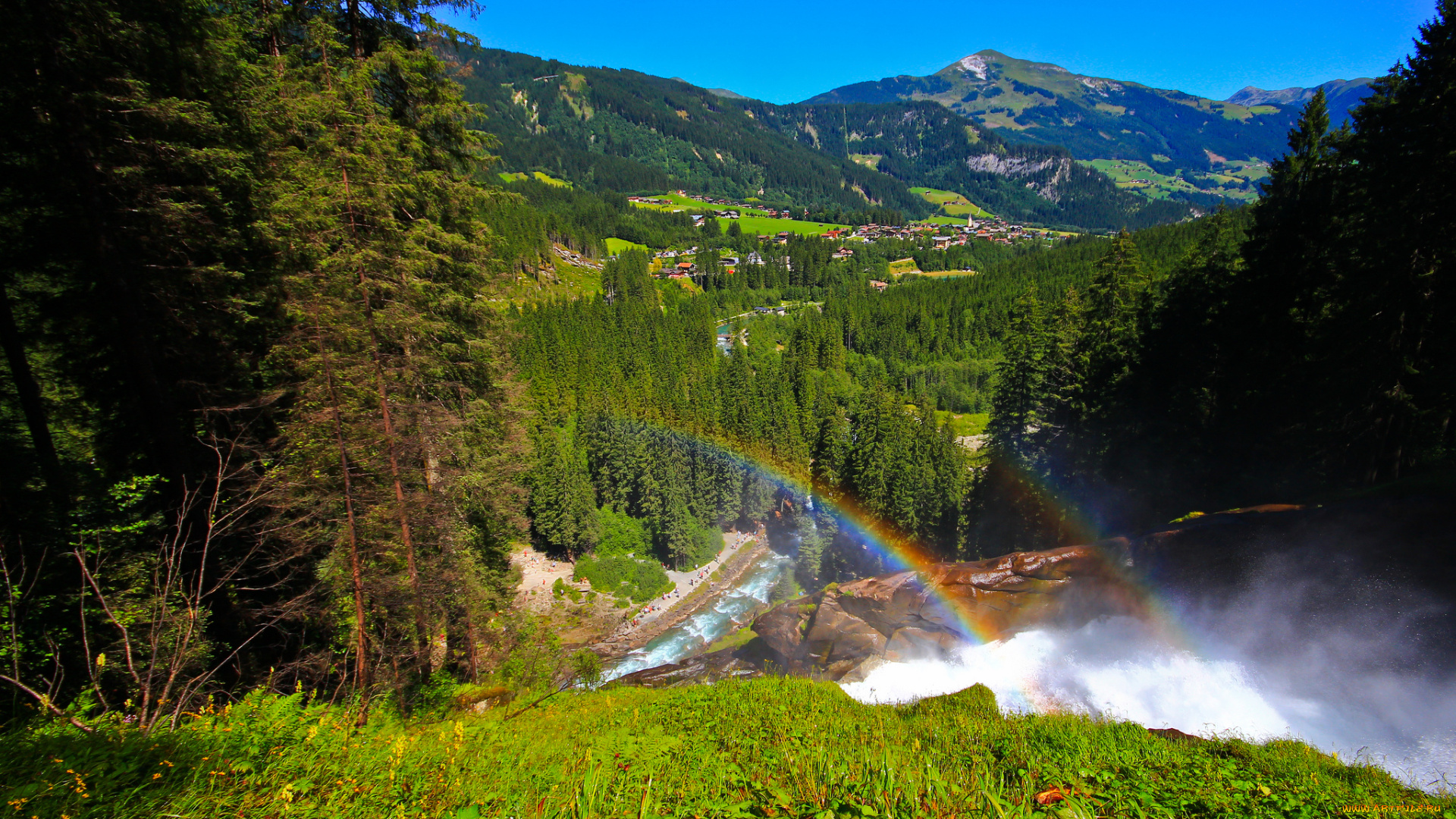 krimml, waterfalls, austria, природа, пейзажи, водопады, кримль, австрия, горы, долина, деревня, лес