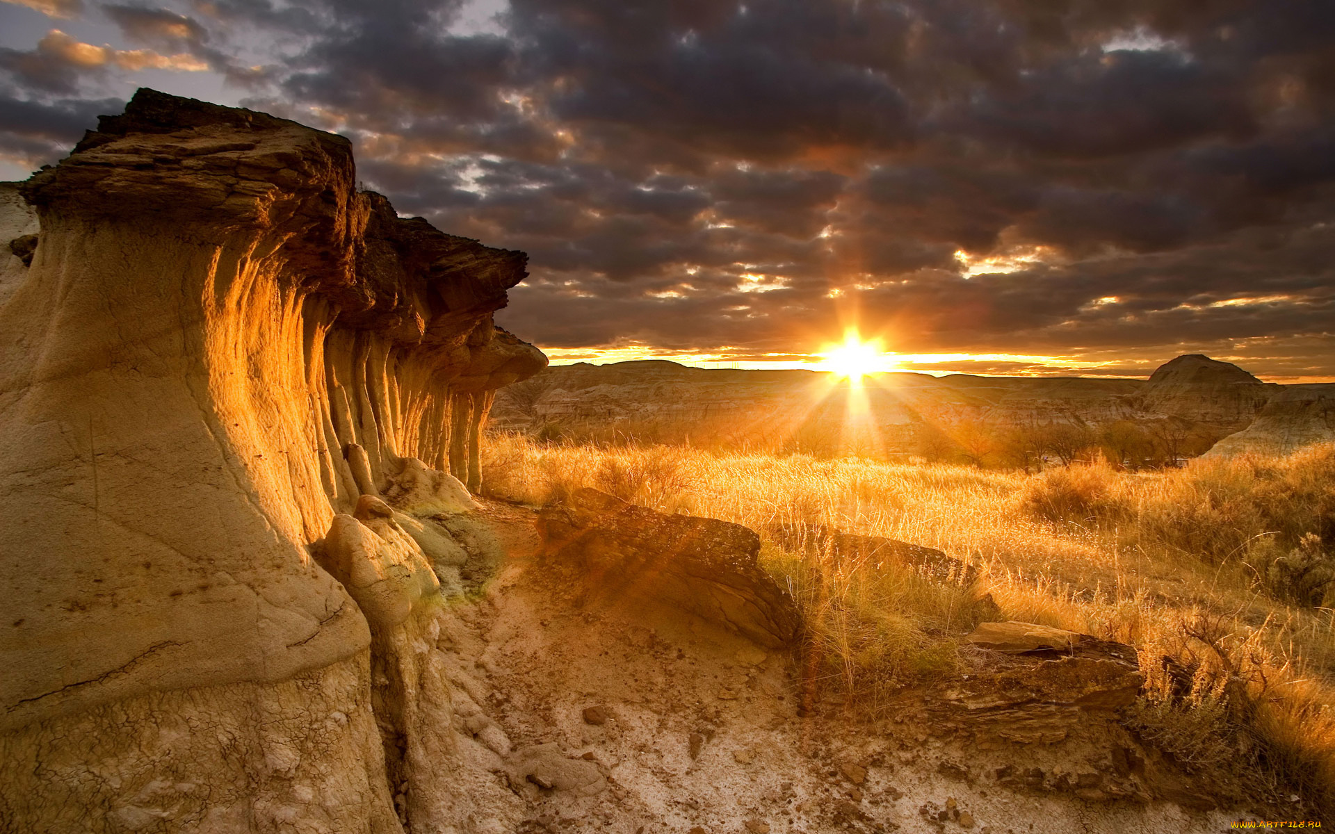 природа, восходы, закаты, свет, лучи, dinosaur, provincial, park, солнце, провинциальный, парк, дайносор, альберта, канада