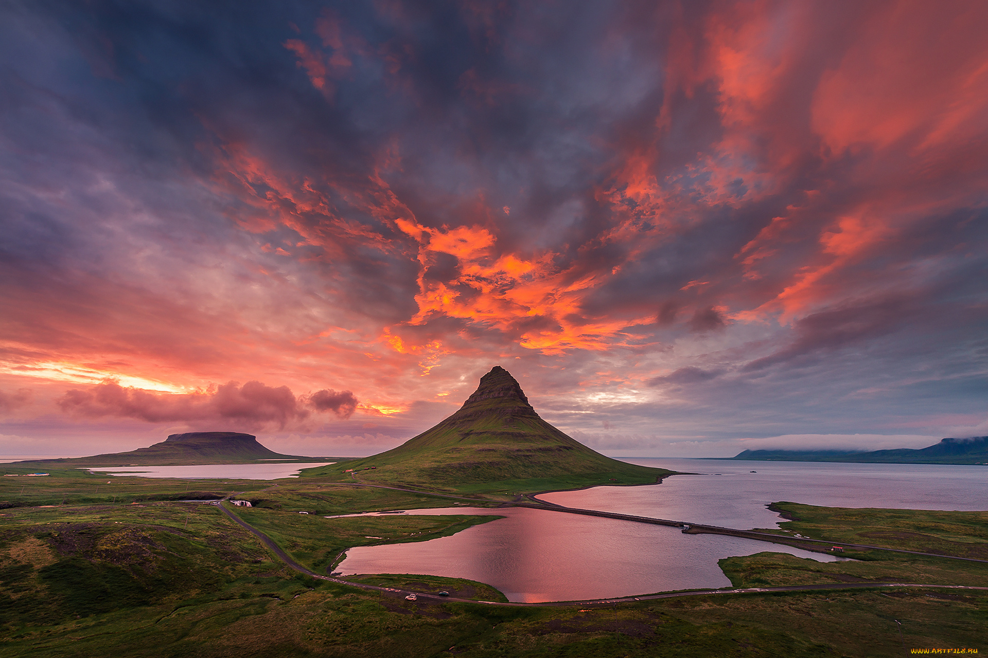 природа, горы, исландия, гора, kirkjufell, небо, облака, лето, полярный, день