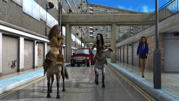 Картинка 3д+графика существа+ creatures автомобиль улица город взгляд девушка змея фон