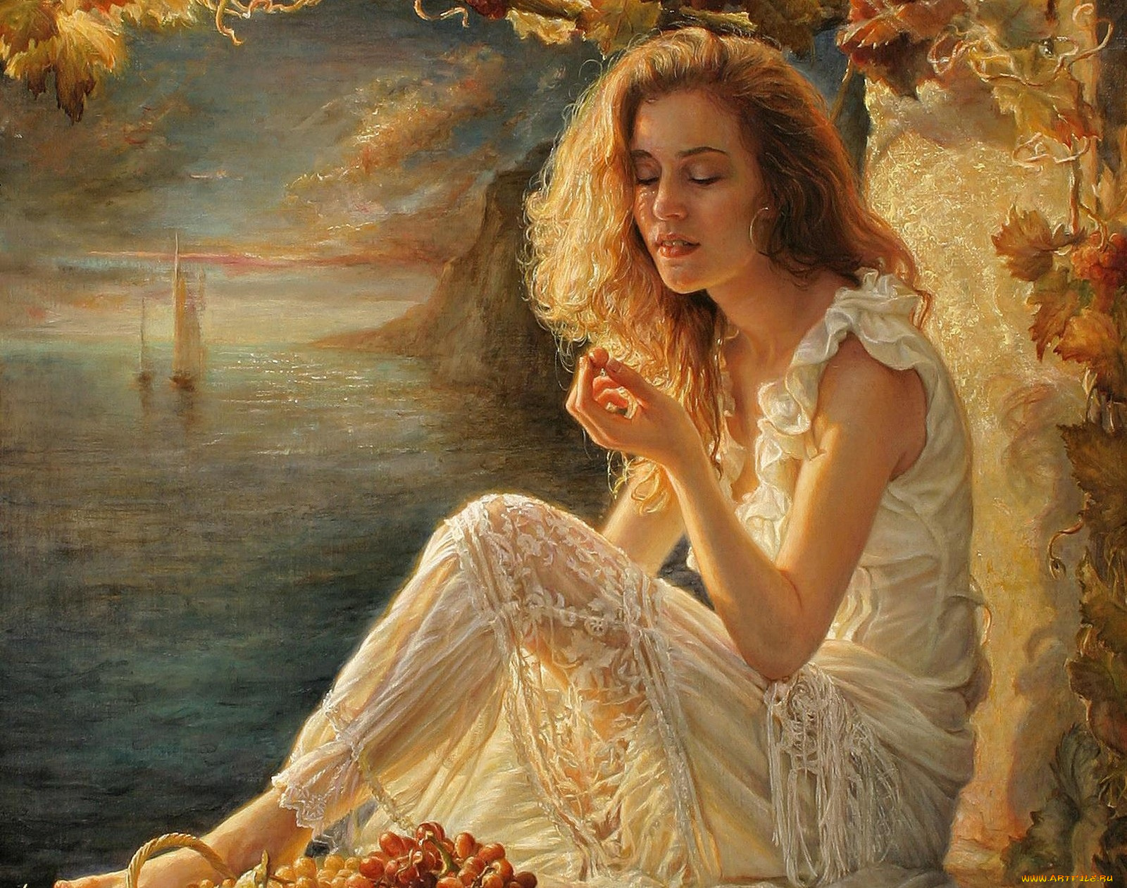 рисованные, helene, beland, девушка, с, виноградом