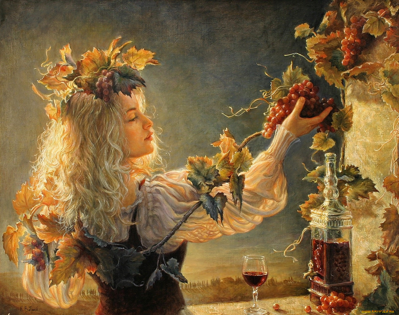 рисованные, helene, beland, девушка, вино, виноград