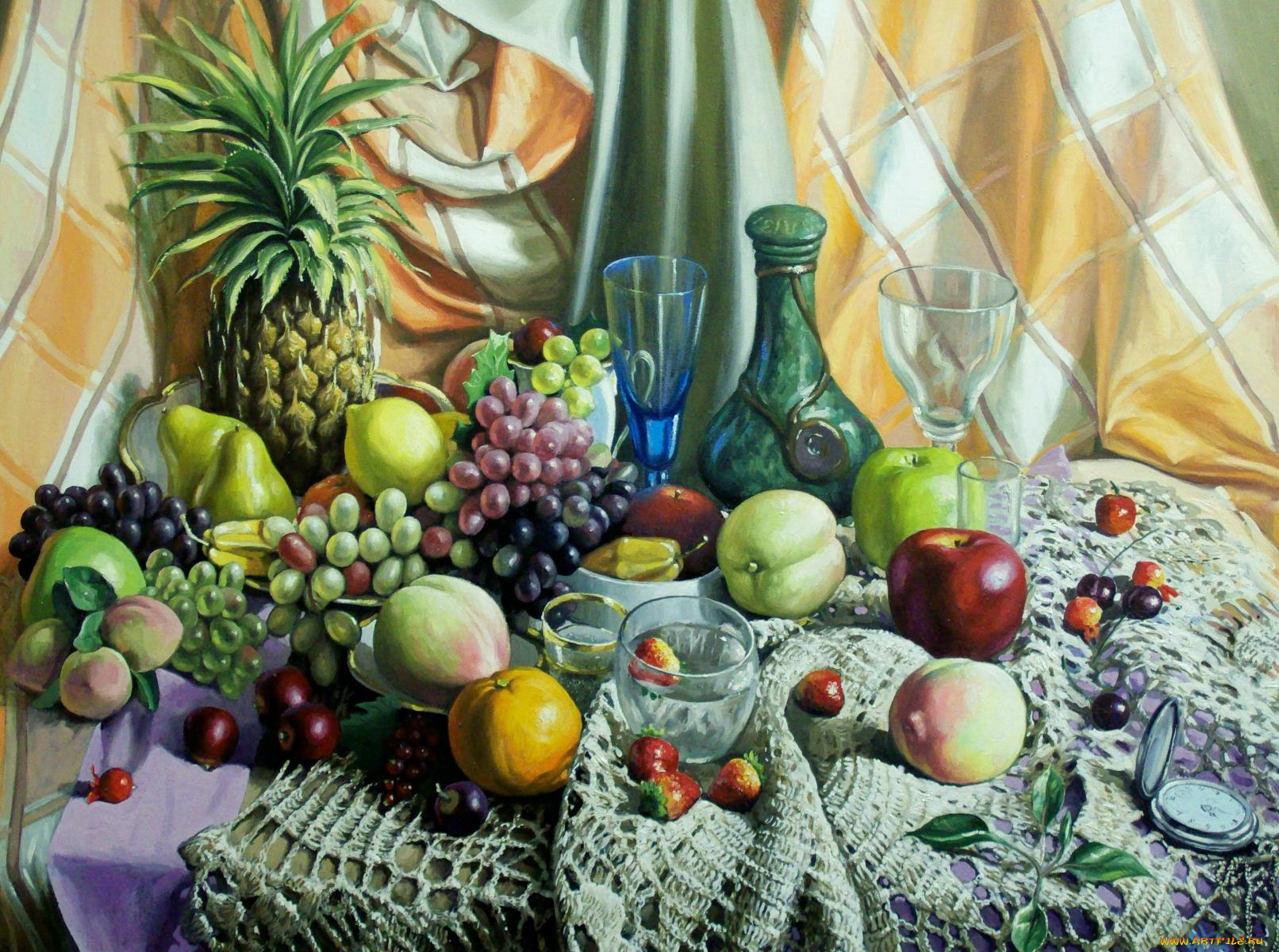 рисованные, живопись, яблоки, виноград, клубника, лимон