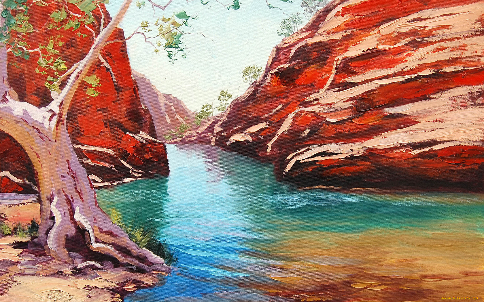 рисованные, живопись, река, дерево, канйон