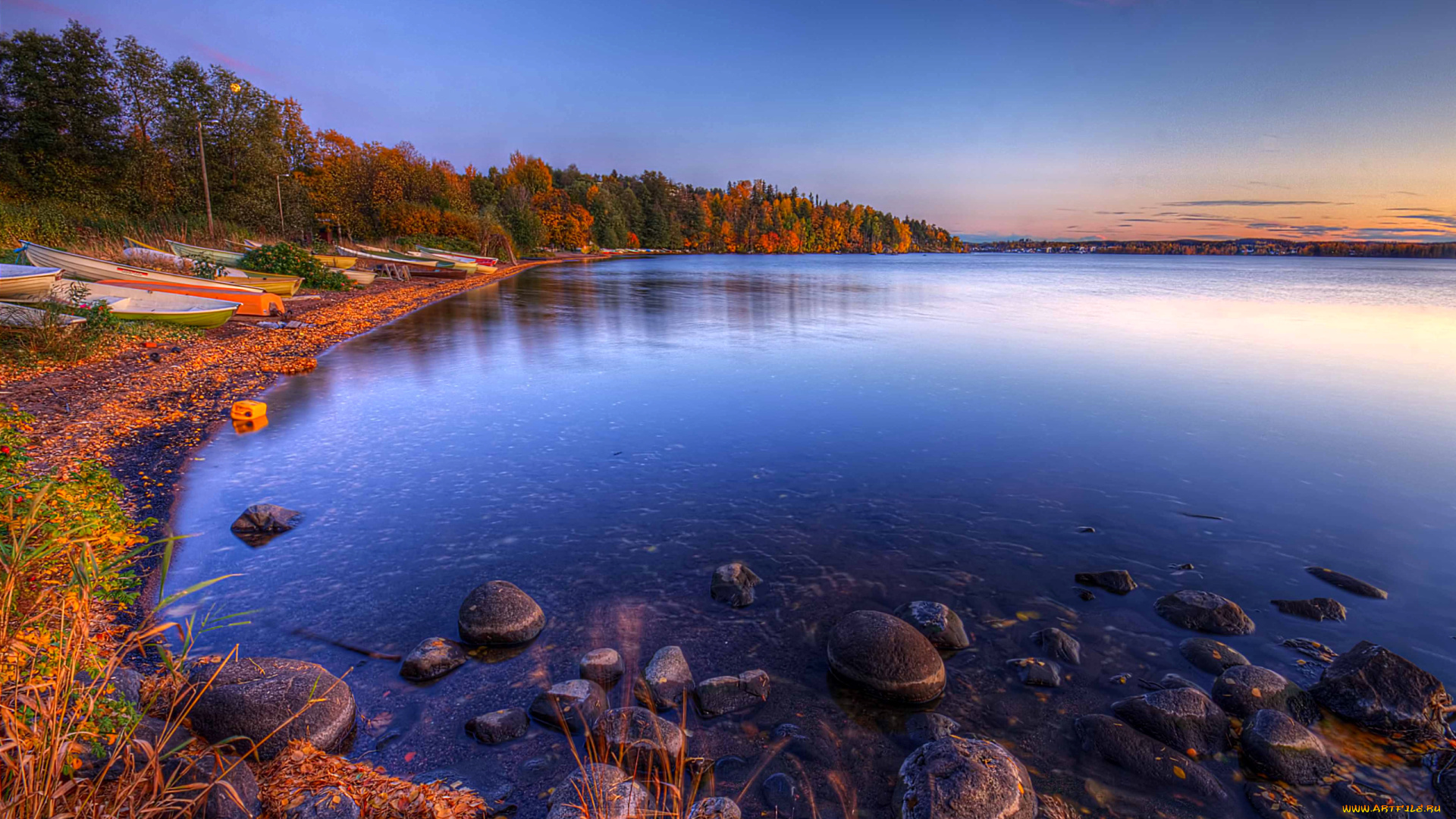autumn, splendor, природа, реки, озера, лодки, камни, берег, озеро, панорама