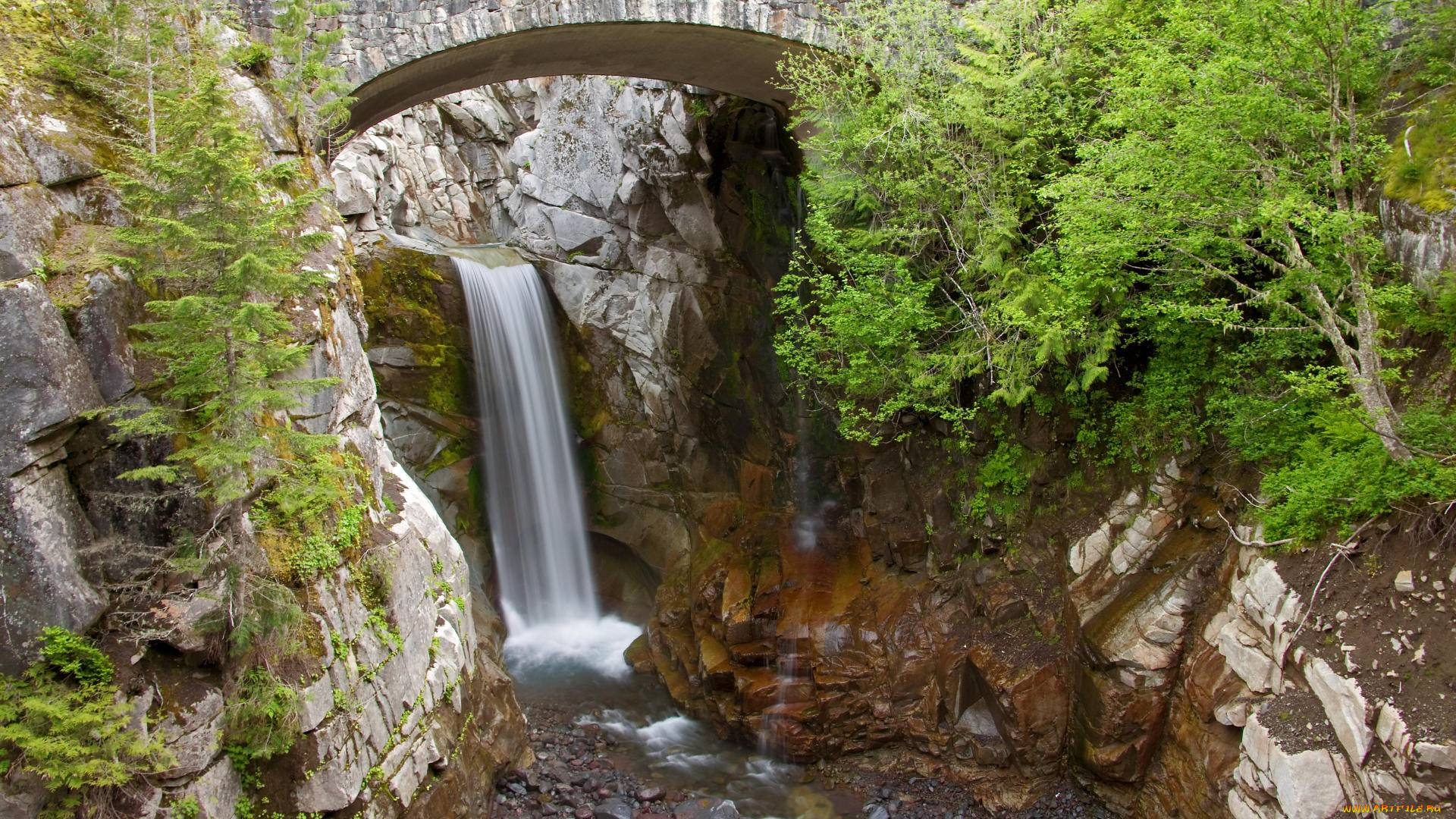 christine, falls, at, mt, rainier, np, washington, природа, водопады, лес, водопад, река, скалы, арка