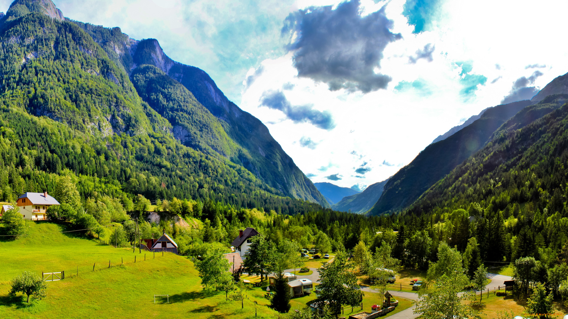 словения, bovec, природа, пейзажи, горы, дома