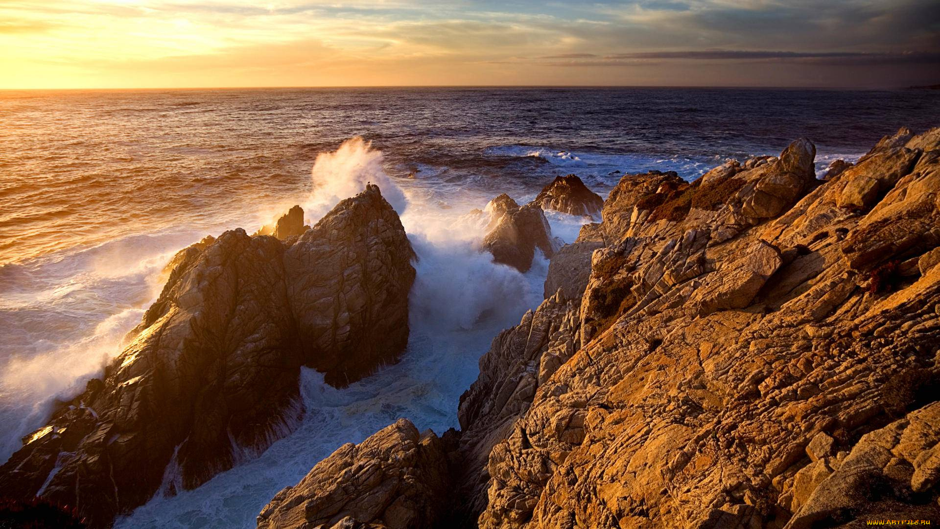 sunset, at, point, lobos, california, природа, побережье, море, скалы, берег, волны, пена, прибой