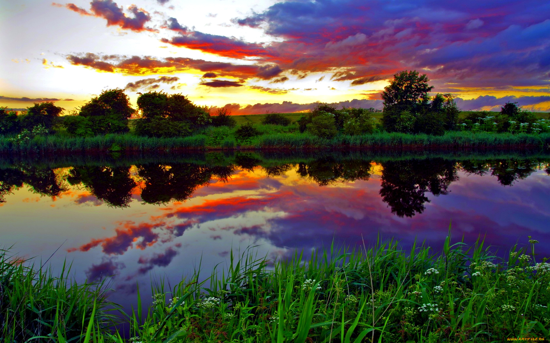 river, sunset, природа, реки, озера, закт, тучи, река