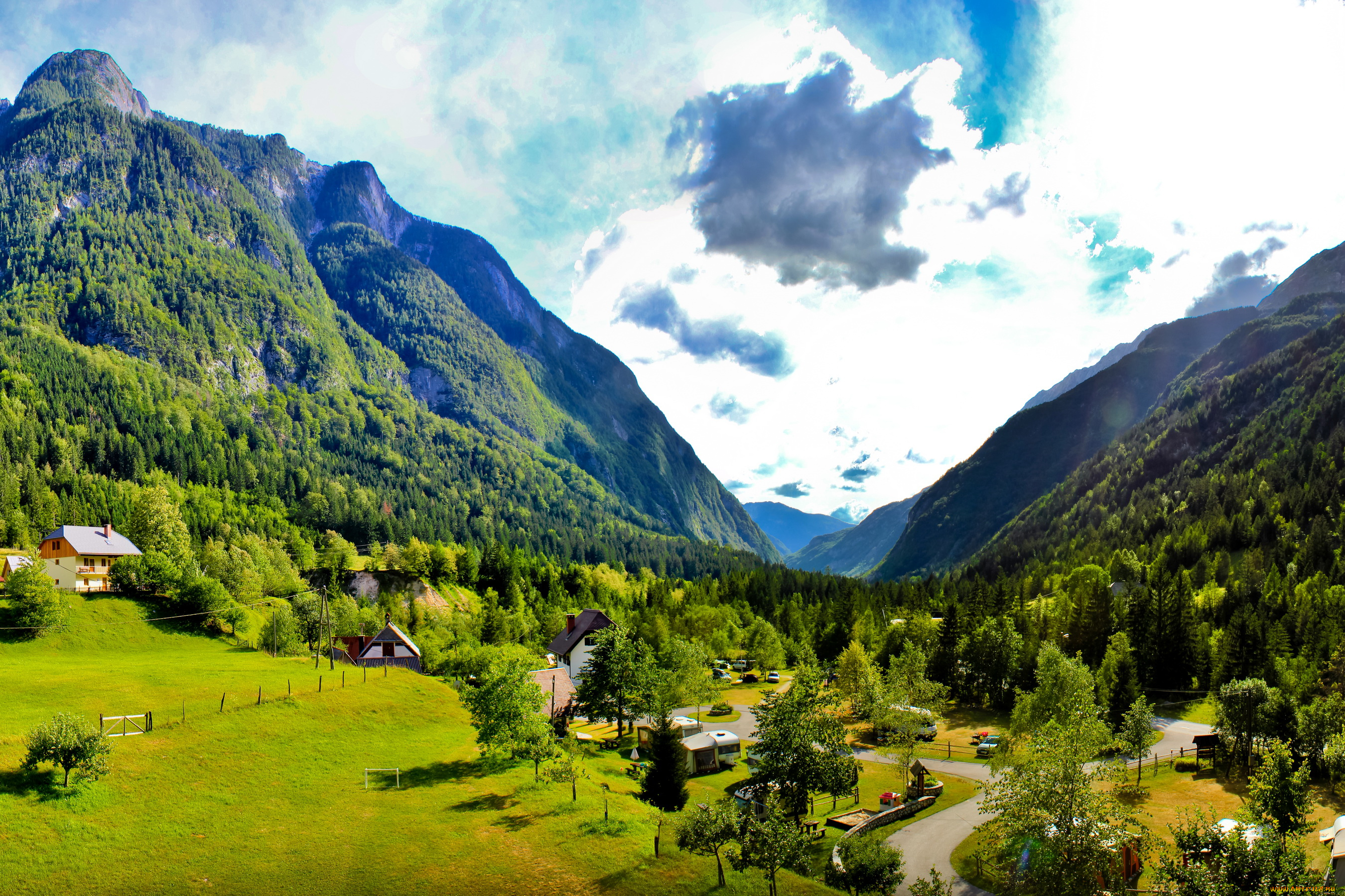 словения, bovec, природа, пейзажи, горы, дома