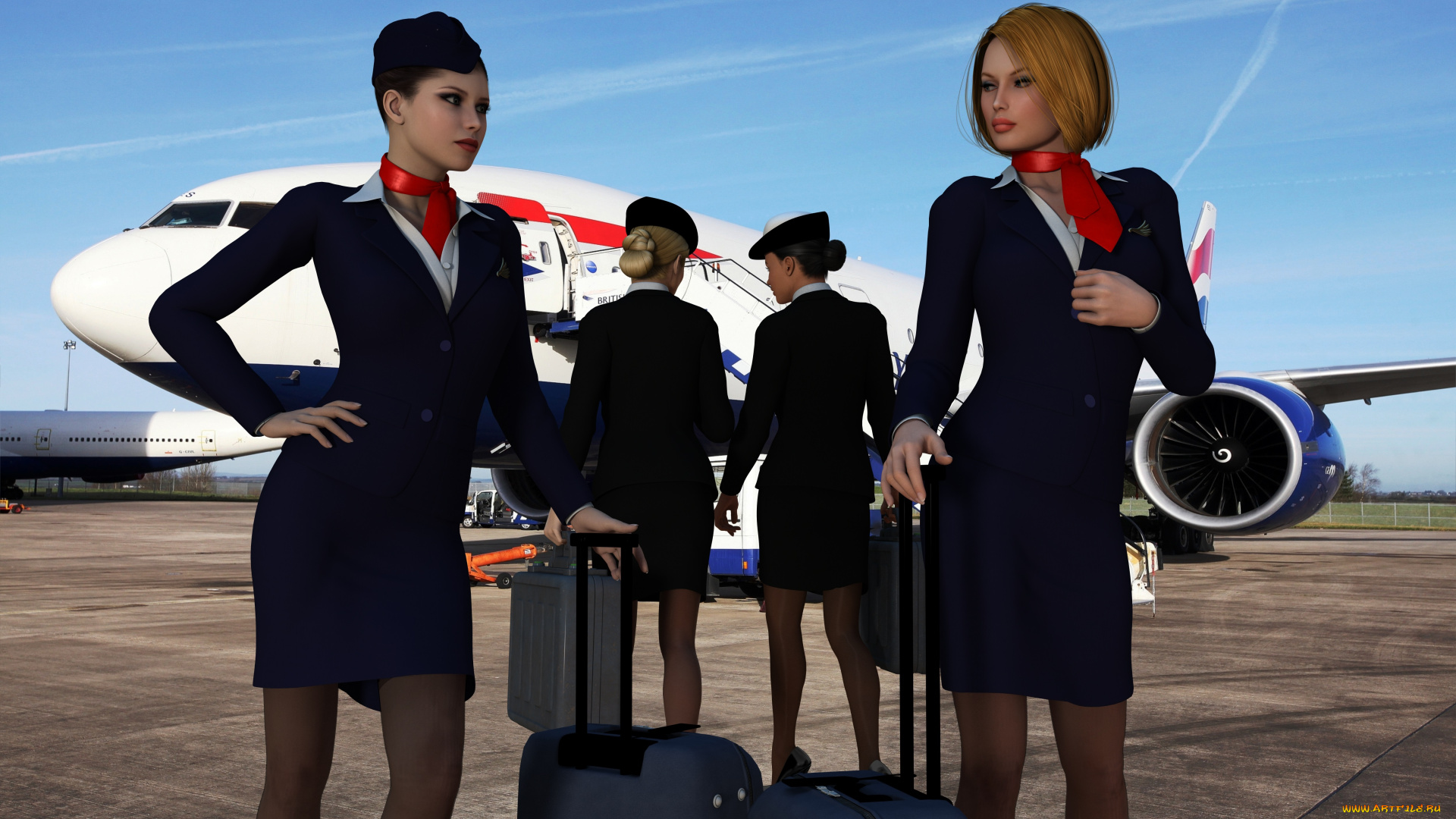 stewardesses, 3д, графика, фантазия, , fantasy, самолет, девушки, взгляд