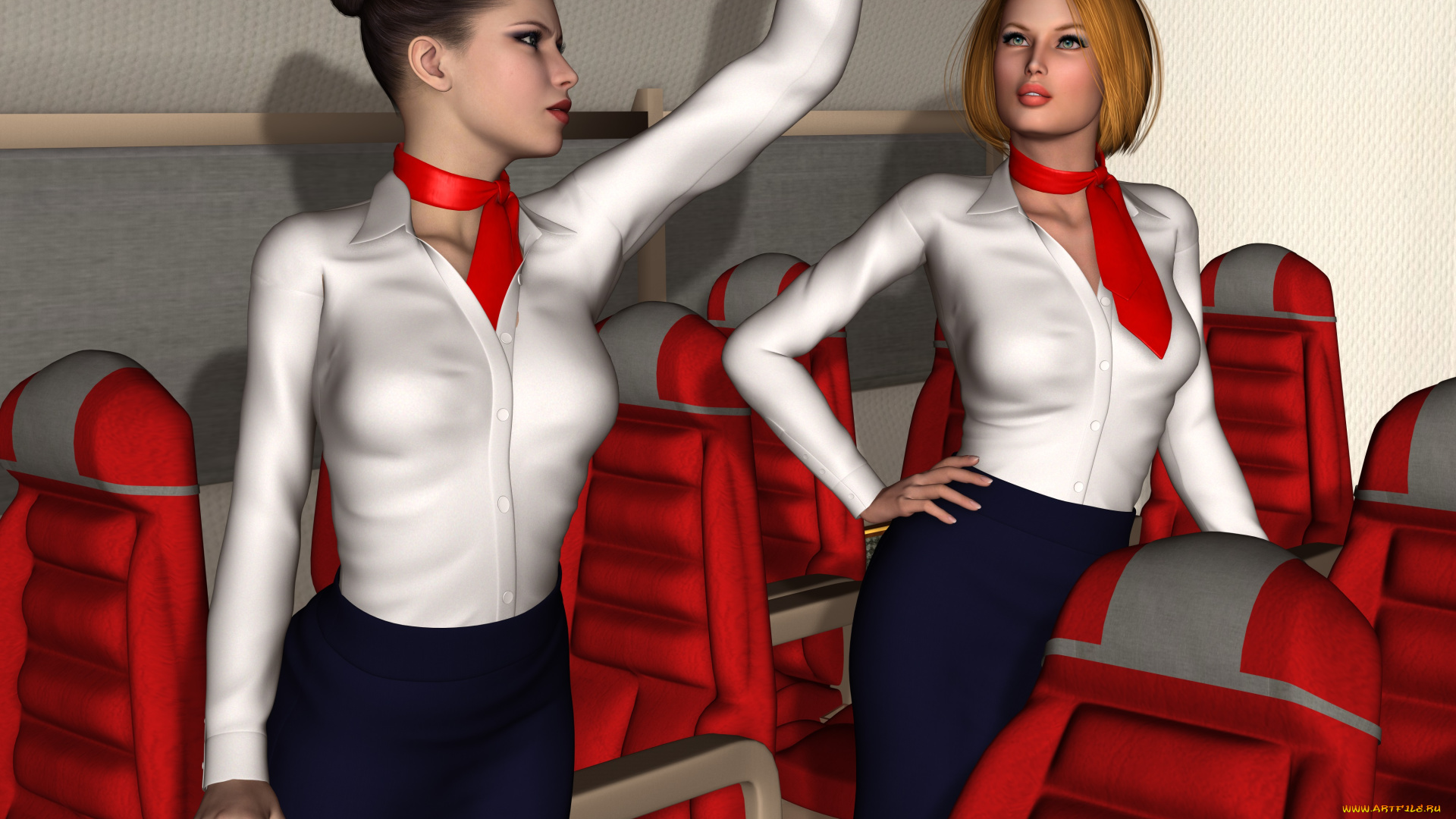 stewardesses, 3д, графика, фантазия, , fantasy, кресла, салон, взгляд, девушки
