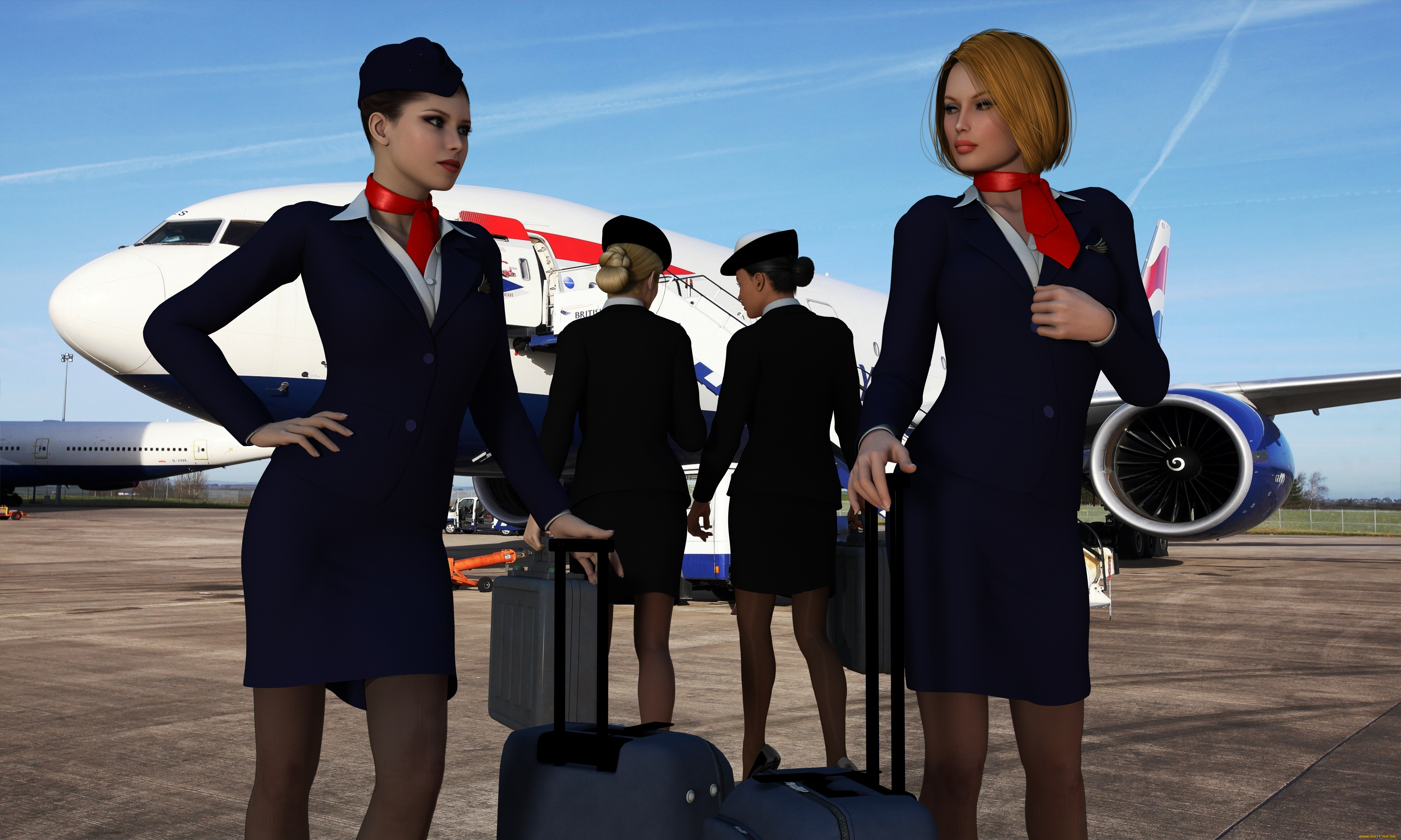 stewardesses, 3д, графика, фантазия, , fantasy, самолет, девушки, взгляд