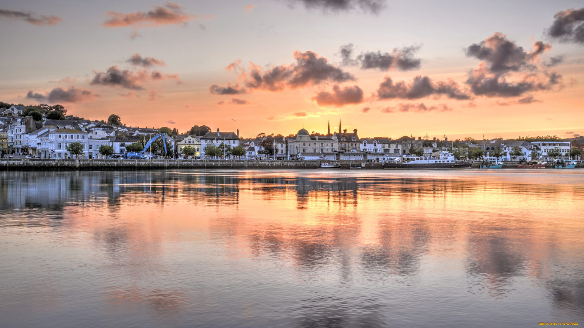 города, -, пейзажи, вечер, город, озеро, bideford, sunset