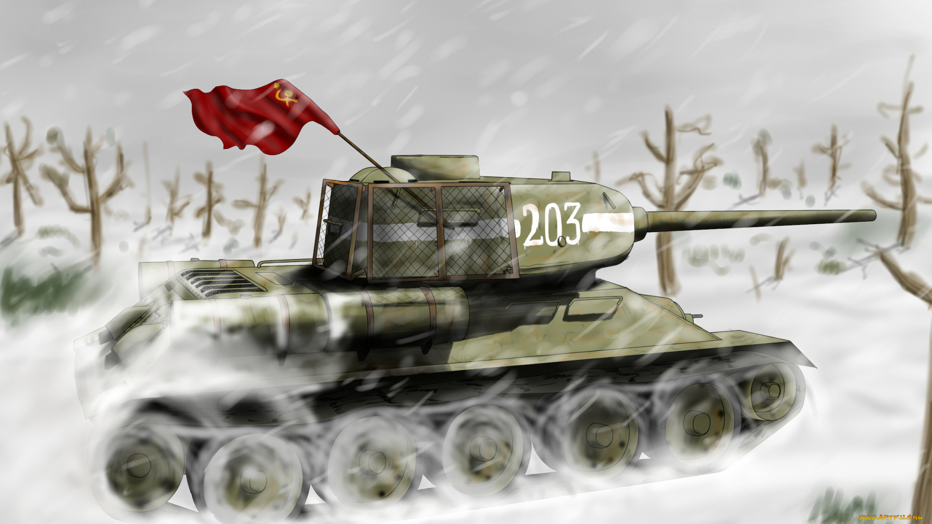 рисованное, армия, флаг, снег, танк