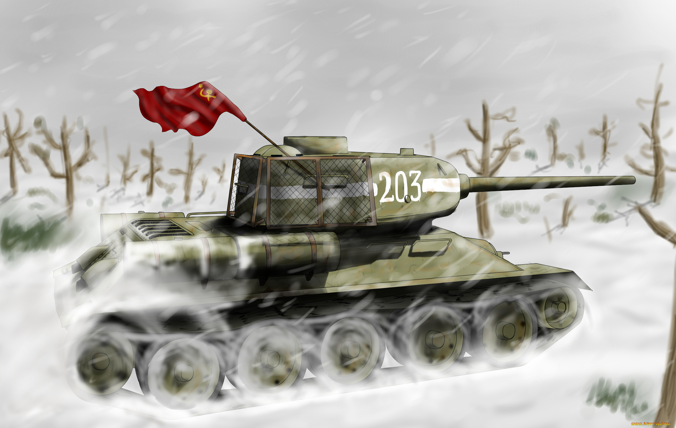 рисованное, армия, флаг, снег, танк