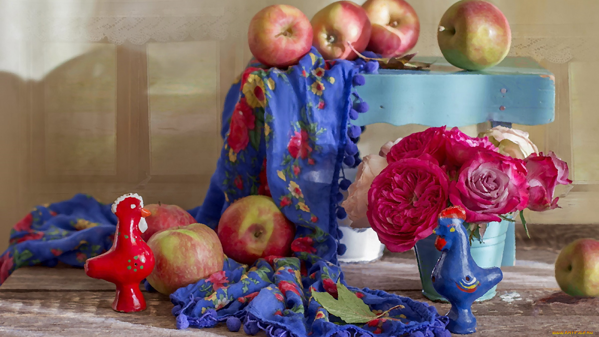 рисованное, еда, яблоки, платок, композиция