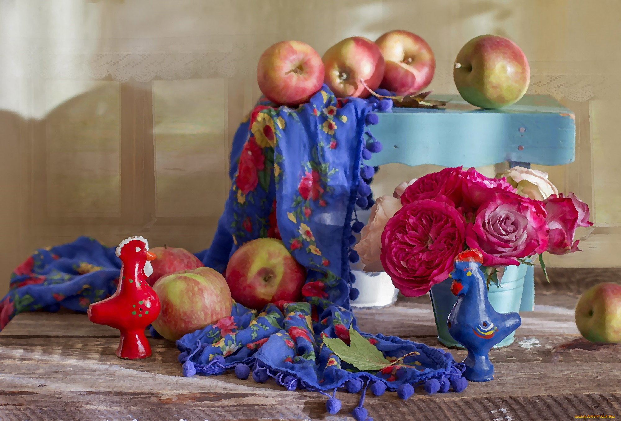 рисованное, еда, яблоки, платок, композиция