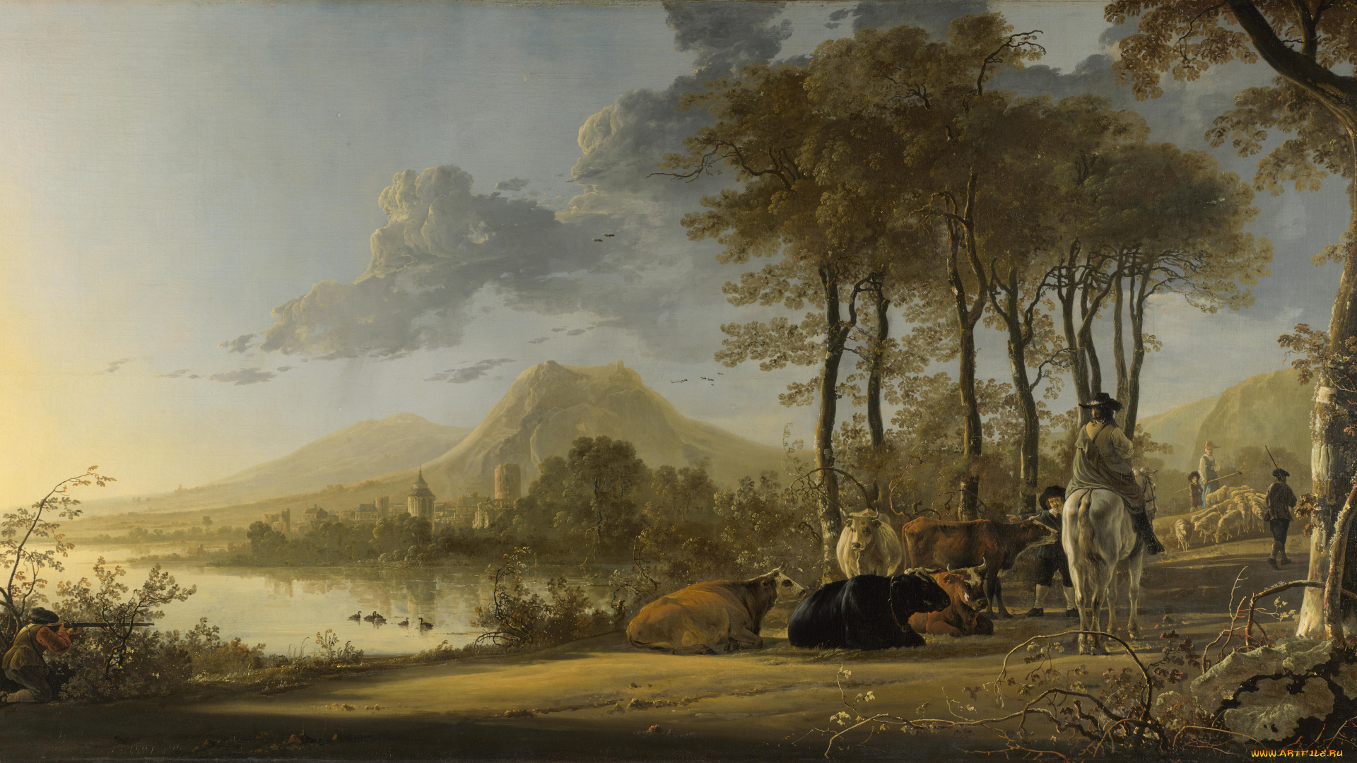 aelbert, cuyp, river, landscape, with, horseman, and, peasants, рисованные, озеро, деревья, охотник, алберт, кейп, пастух, коровы, пейзаж