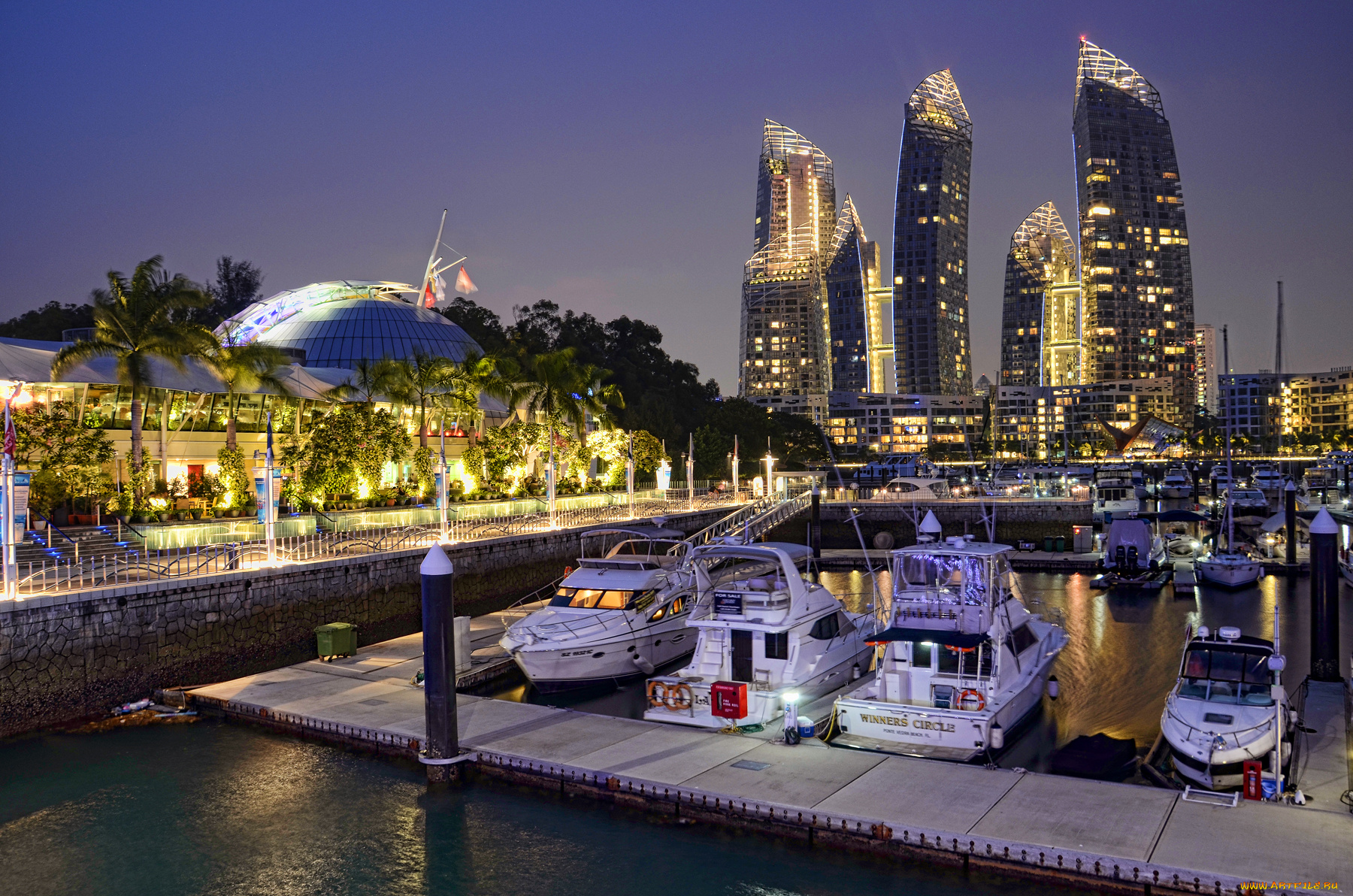 города, сингапур, ночь, яхты