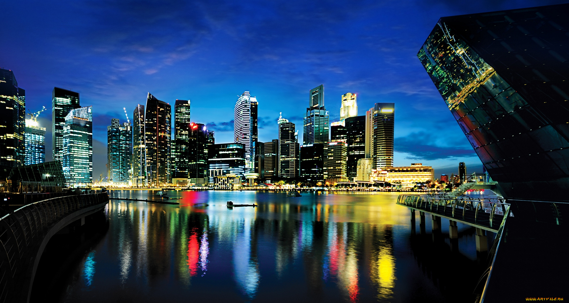 города, сингапур, ночь, огни
