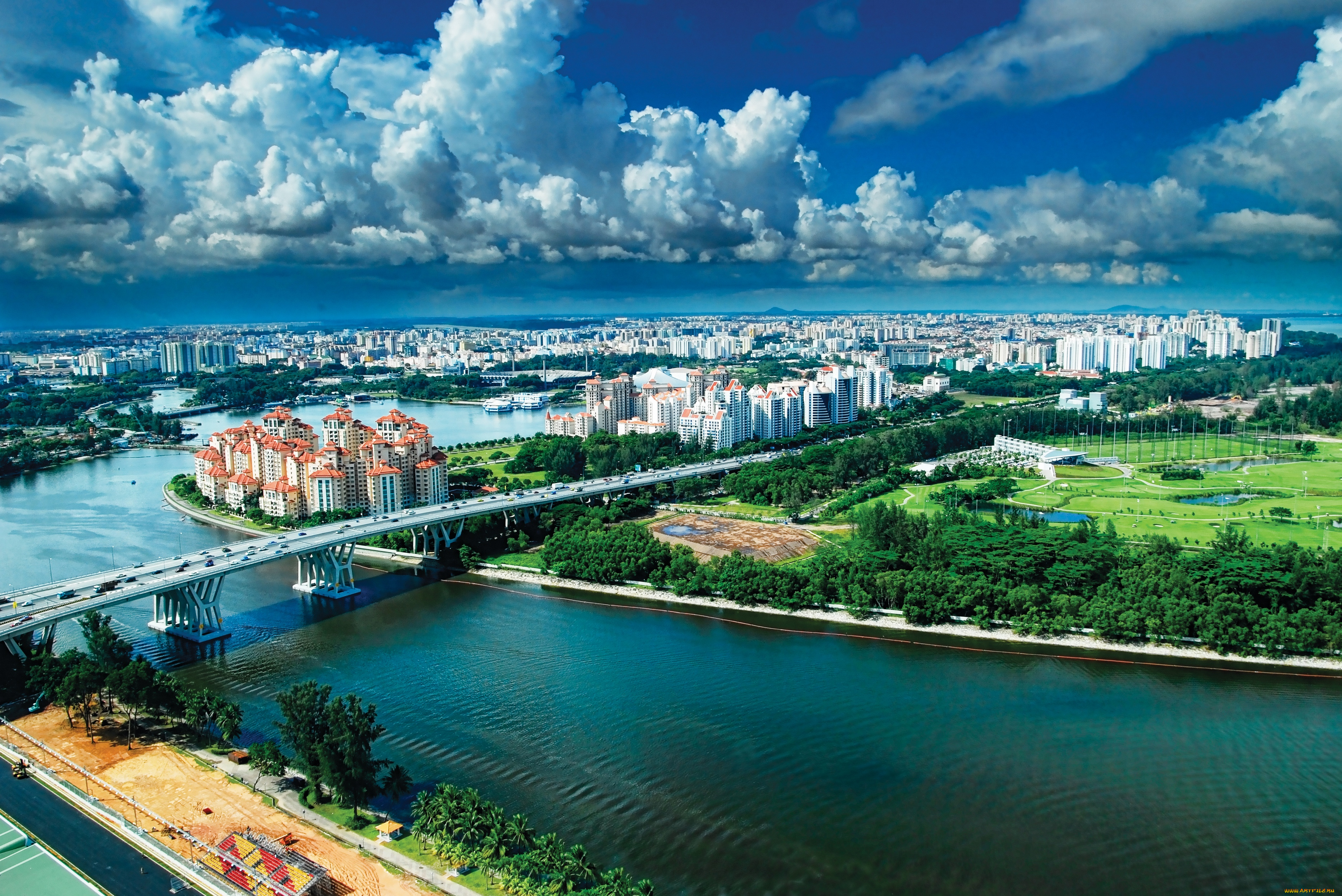 города, сингапур, высота, птичьего, полёта, панорама, мост