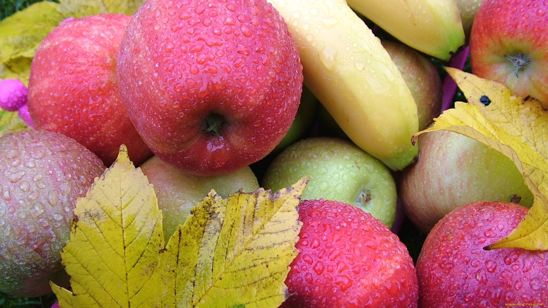 еда, фрукты, , ягоды, яблоки, бананы, капли, листья